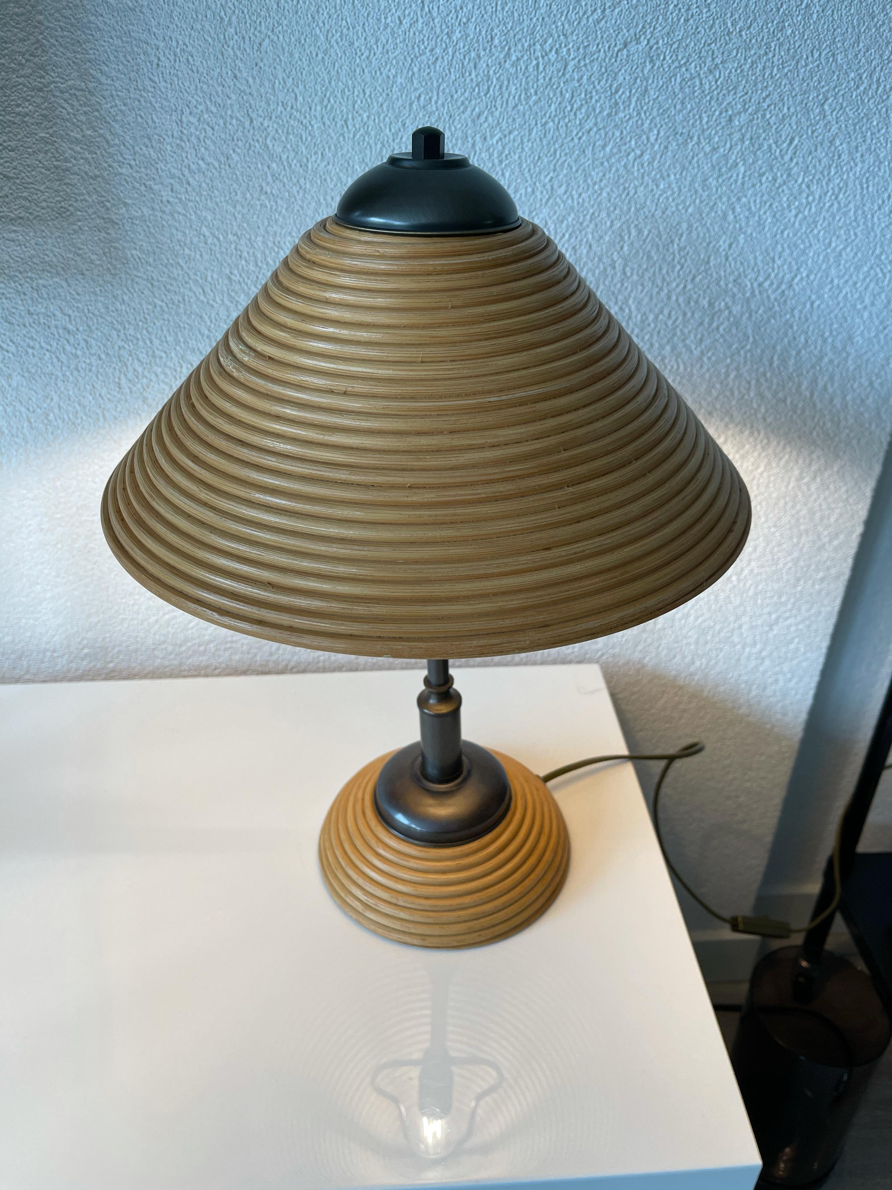 Rare & Stylish, Handcrafted Mid-Century Modern Rattan & Brass Table or Desk Lamp 9