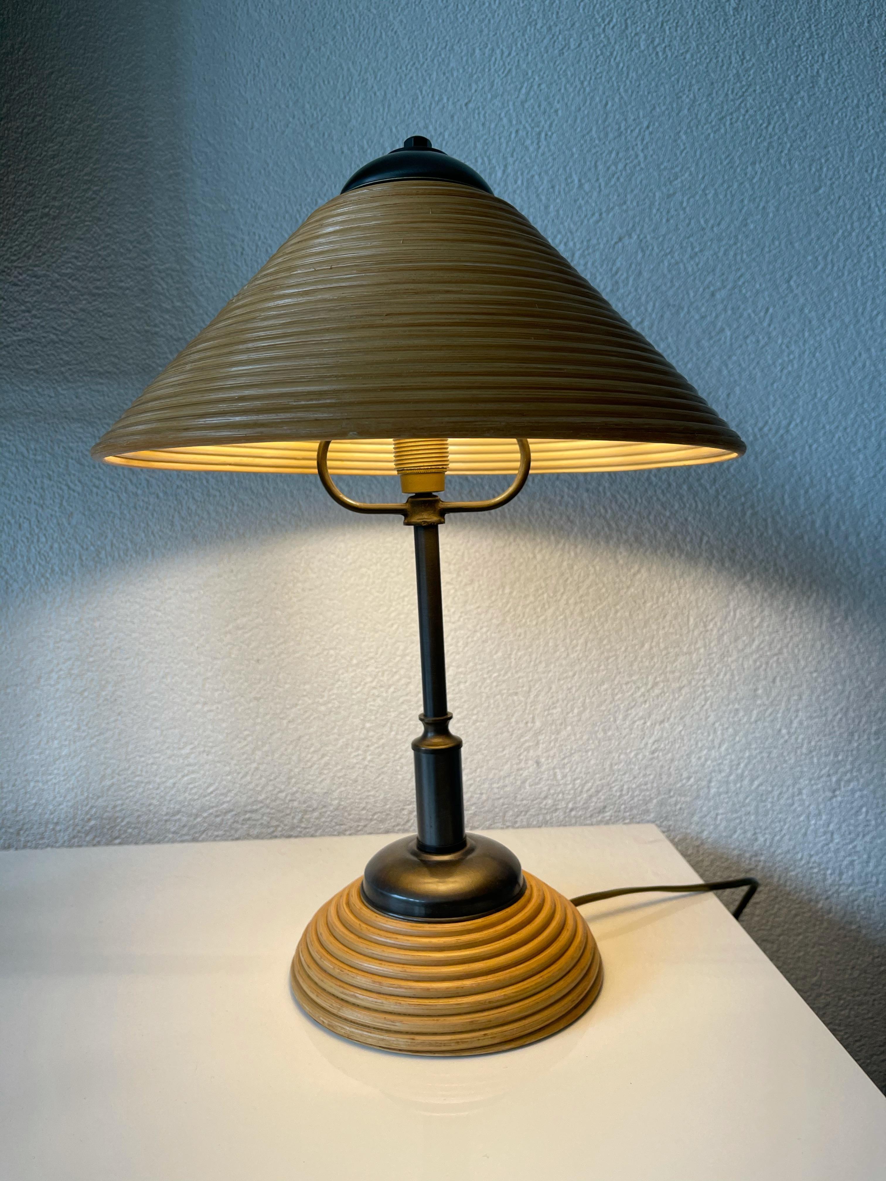 Rare & Stylish, Handcrafted Mid-Century Modern Rattan & Brass Table or Desk Lamp 12