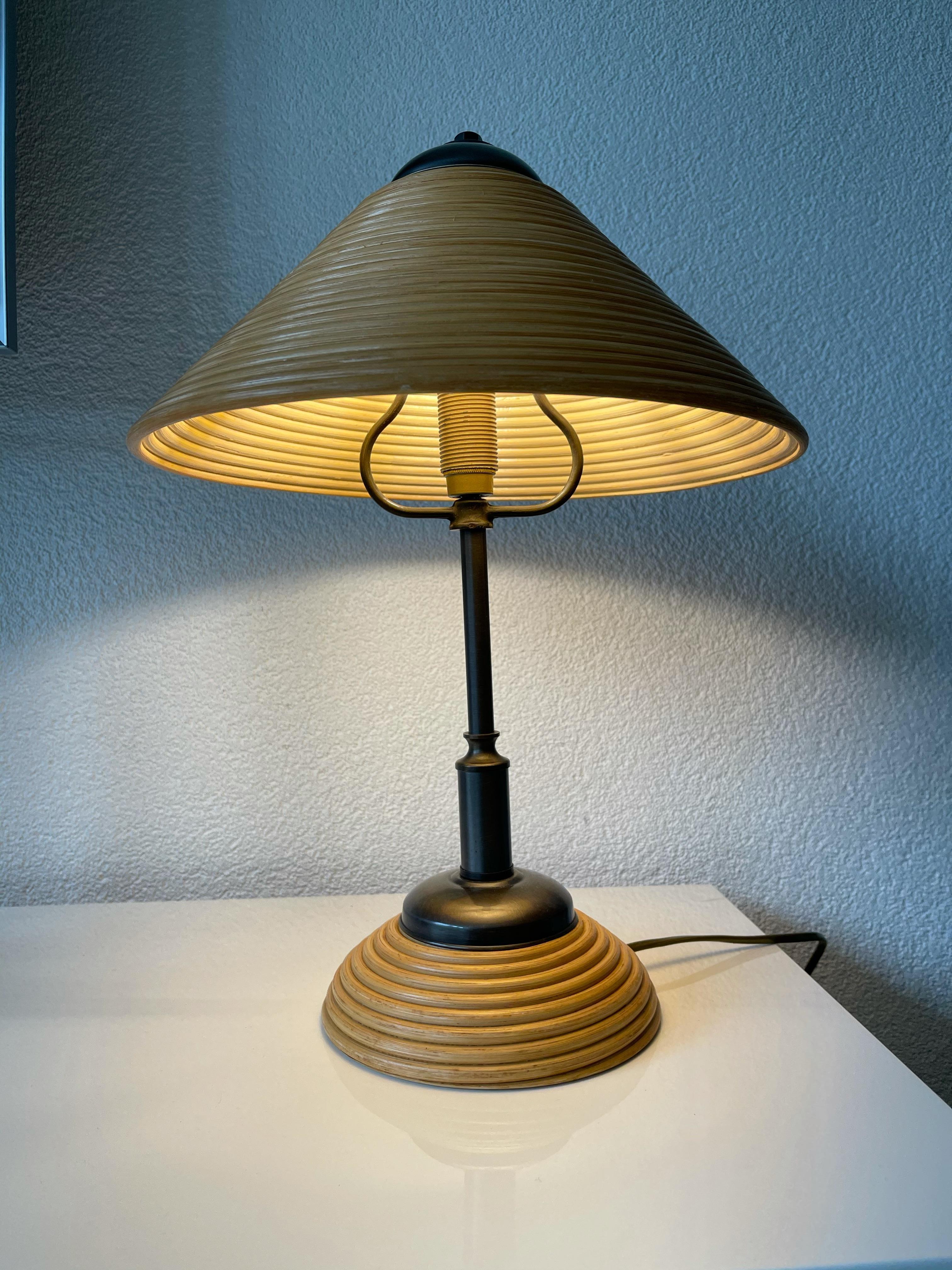 Rare & Stylish, Handcrafted Mid-Century Modern Rattan & Brass Table or Desk Lamp 13