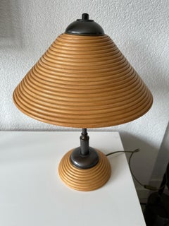 Rare & Stylish, Handcrafted Mid-Century Modern Rattan & Brass Table or Desk Lamp