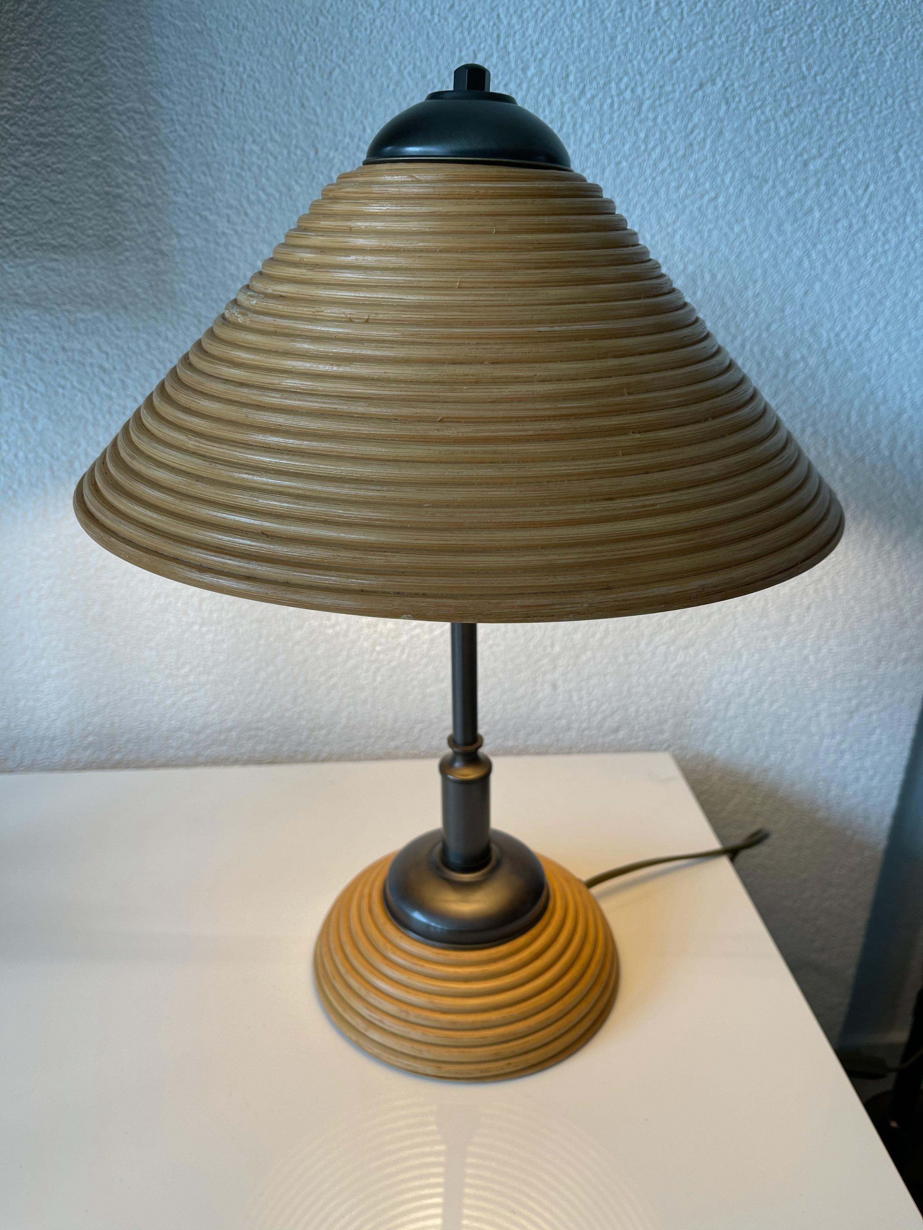 European Rare & Stylish, Handcrafted Mid-Century Modern Rattan & Brass Table or Desk Lamp