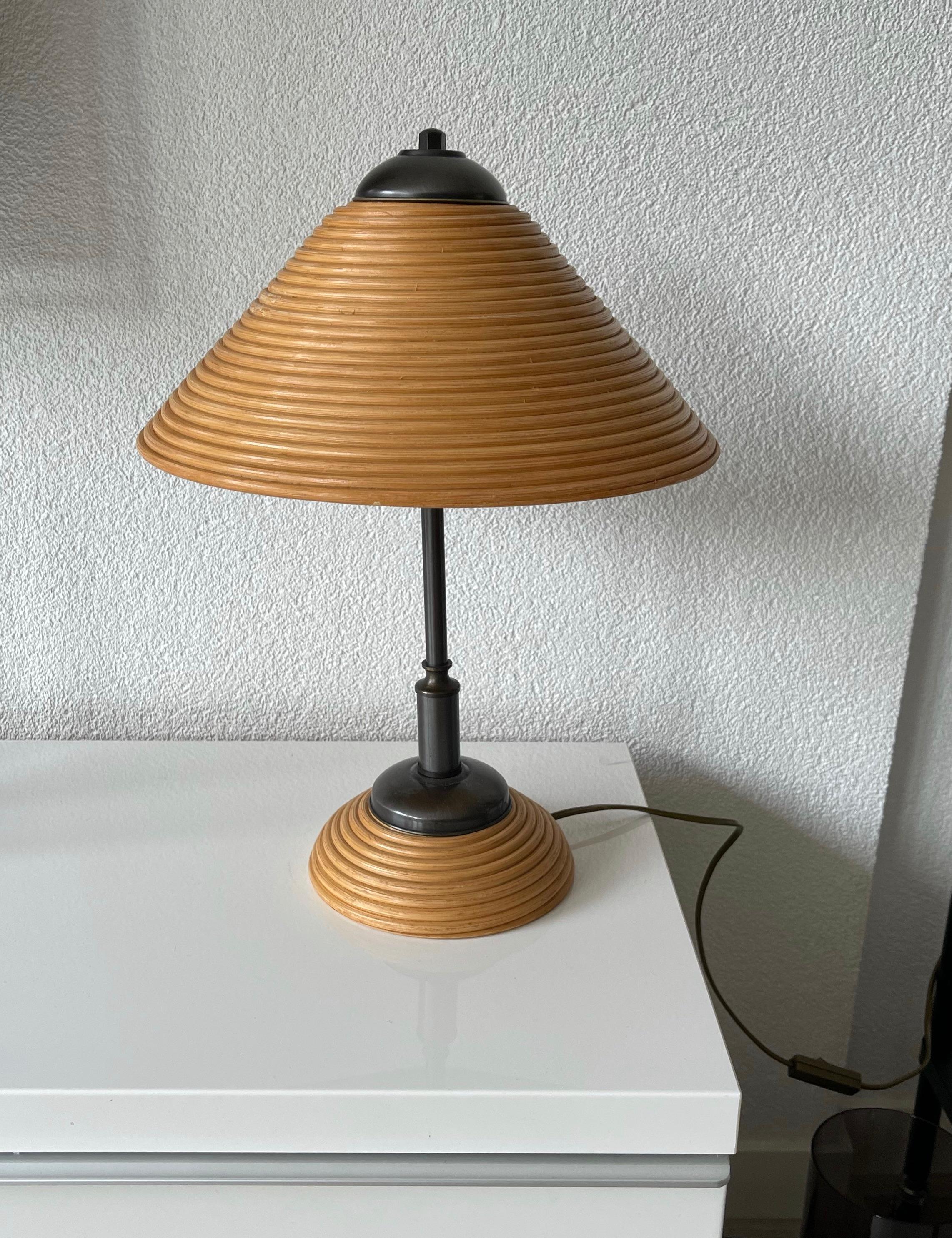 Hand-Crafted Rare & Stylish, Handcrafted Mid-Century Modern Rattan & Brass Table or Desk Lamp