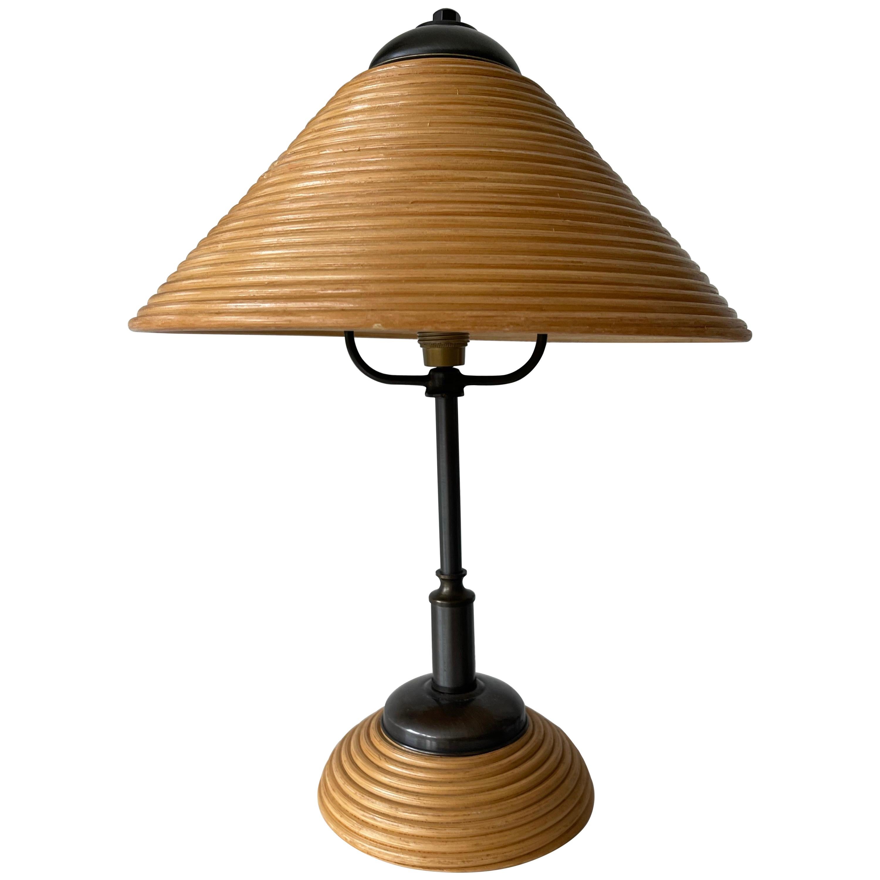 Rare & Stylish, Handcrafted Mid-Century Modern Rattan & Brass Table or Desk Lamp