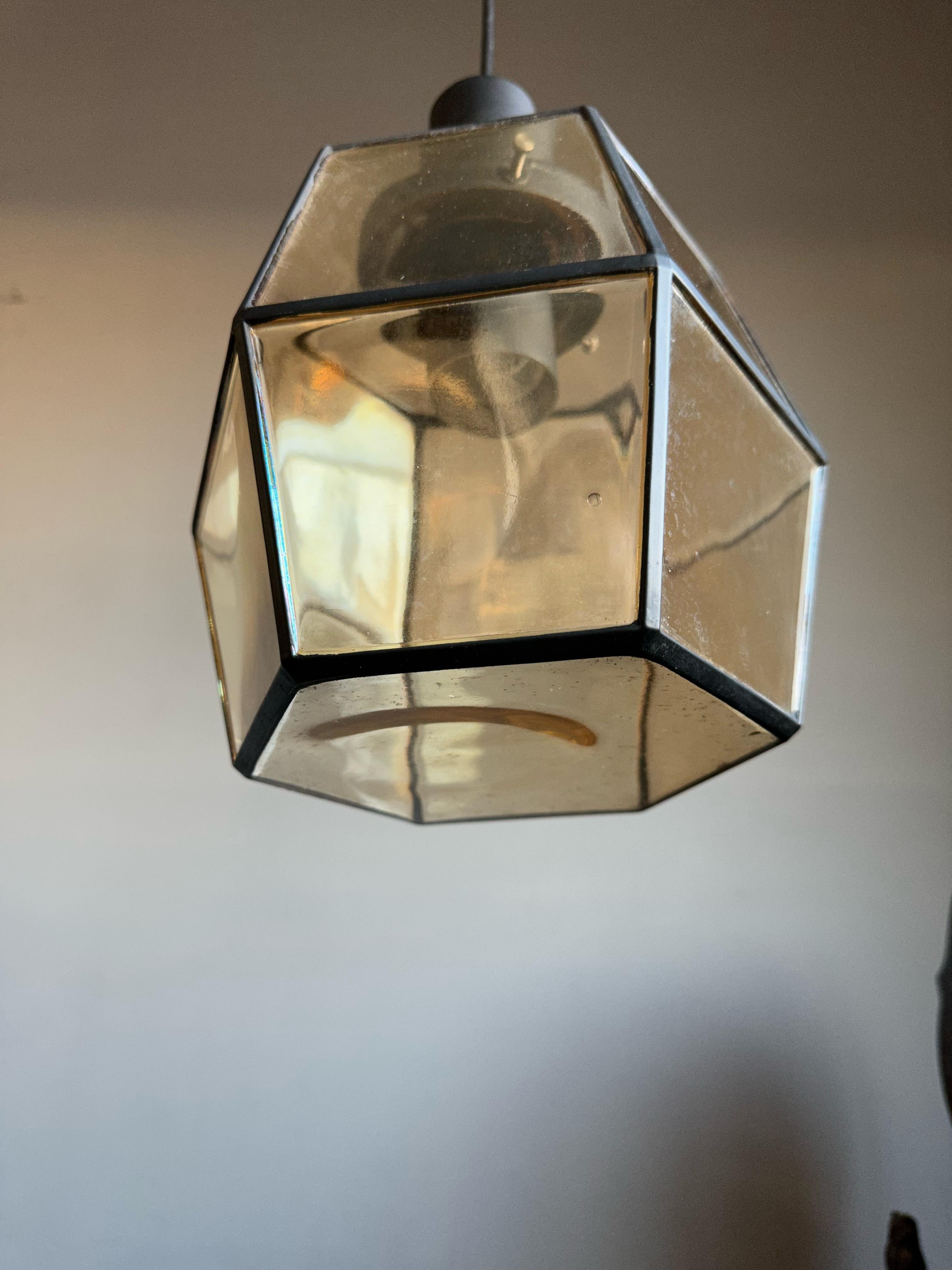 Rare & Stylish Mid-Century Modern Glass & Metal Lined Pendant / Ceiling Lamp For Sale 5