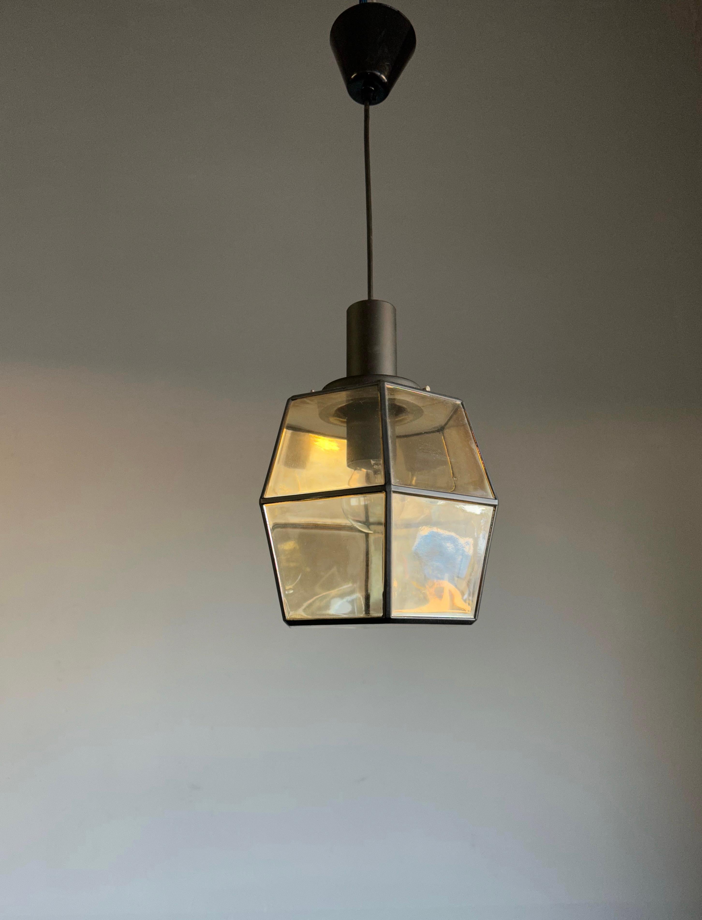 Rare & Stylish Mid-Century Modern Glass & Metal Lined Pendant / Ceiling Lamp For Sale 7
