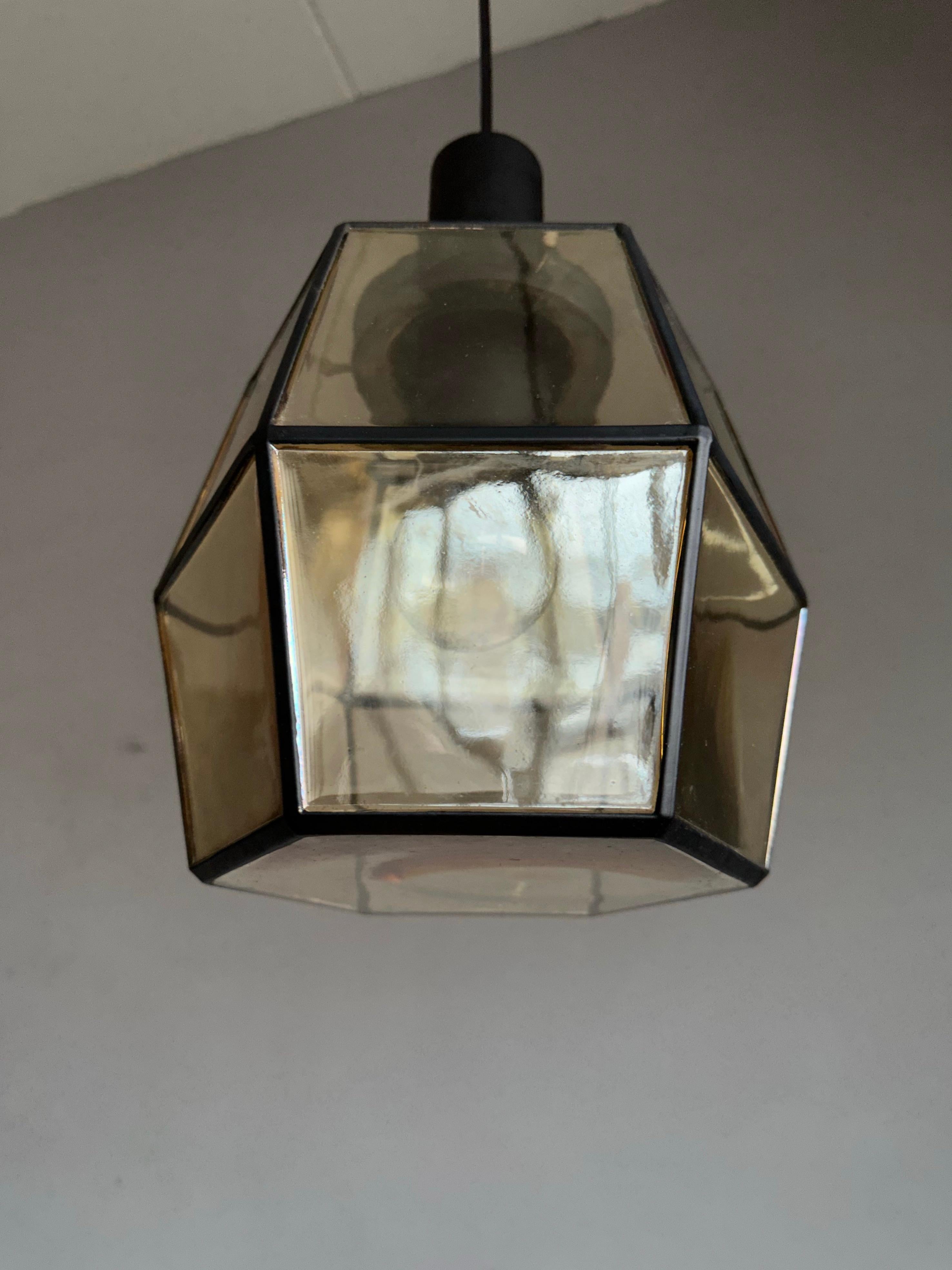 Rare & Stylish Mid-Century Modern Glass & Metal Lined Pendant / Ceiling Lamp For Sale 8