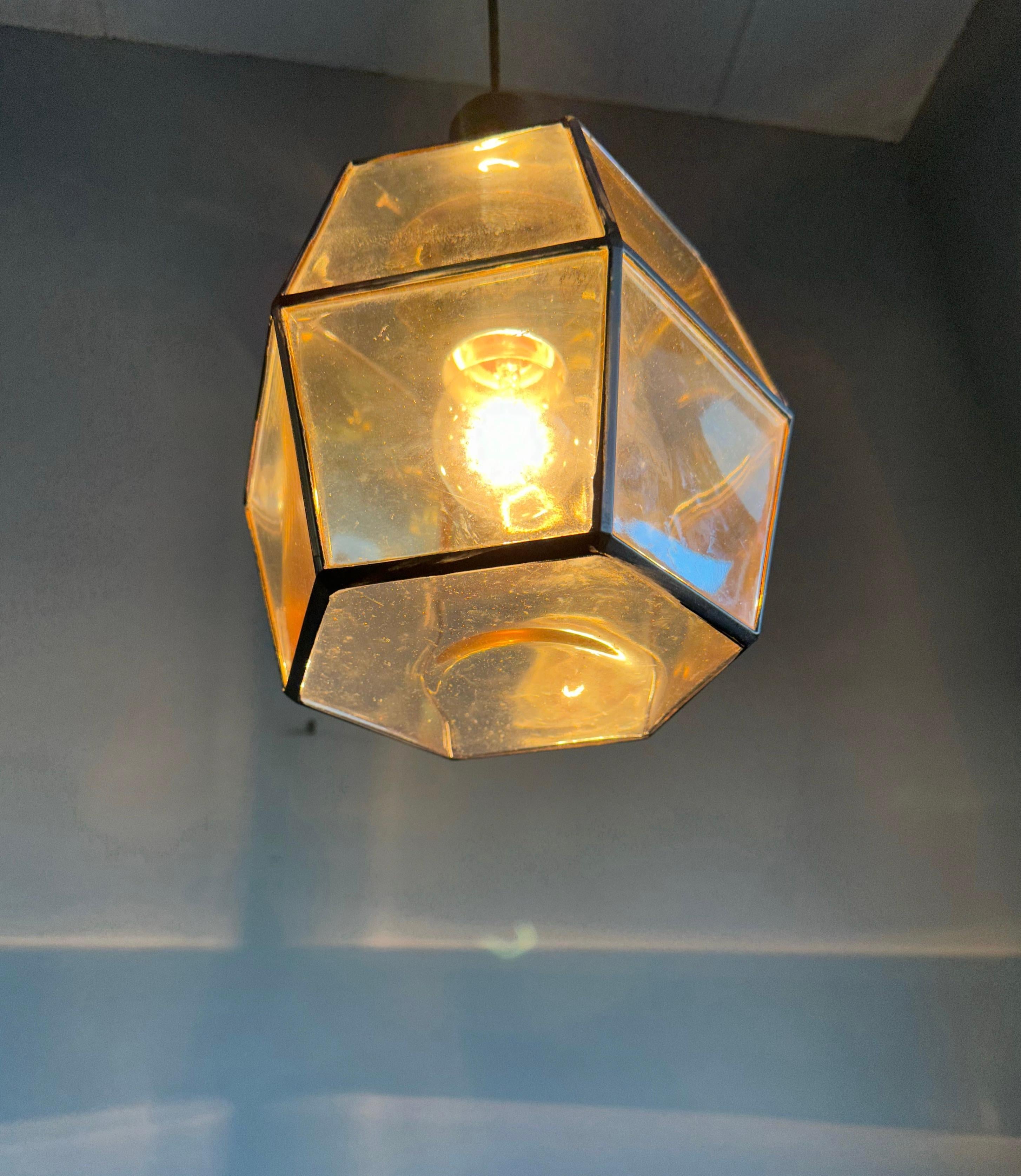 Rare & Stylish Mid-Century Modern Glass & Metal Lined Pendant / Ceiling Lamp For Sale 9
