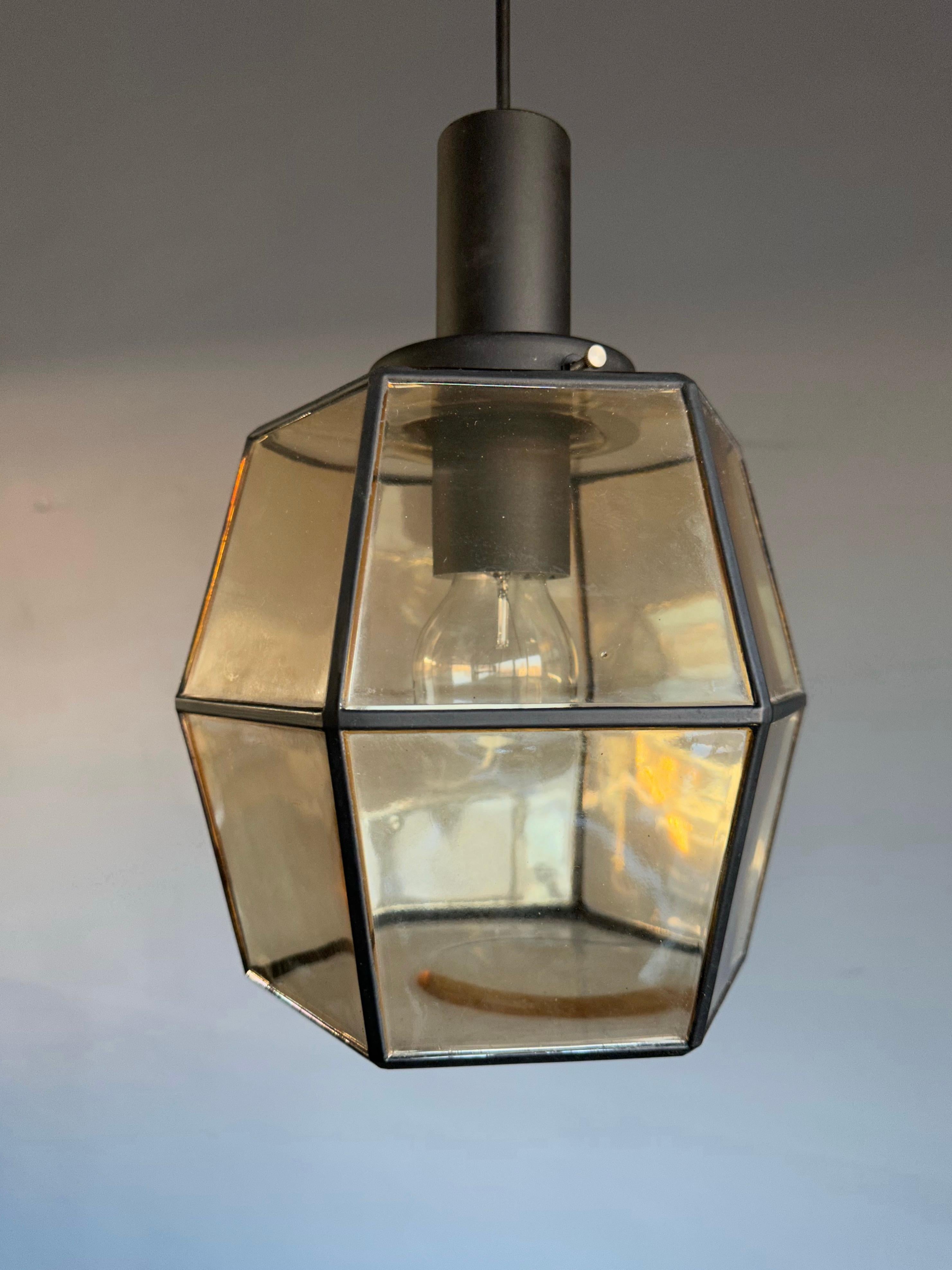 European Rare & Stylish Mid-Century Modern Glass & Metal Lined Pendant / Ceiling Lamp For Sale