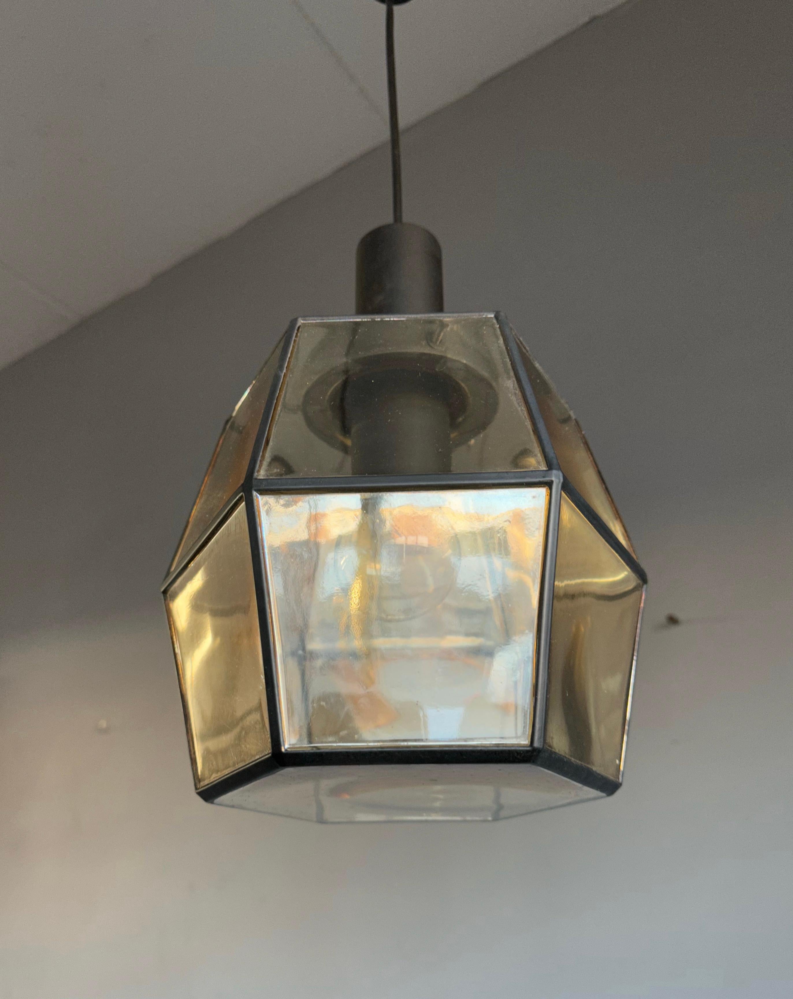 Hand-Crafted Rare & Stylish Mid-Century Modern Glass & Metal Lined Pendant / Ceiling Lamp For Sale