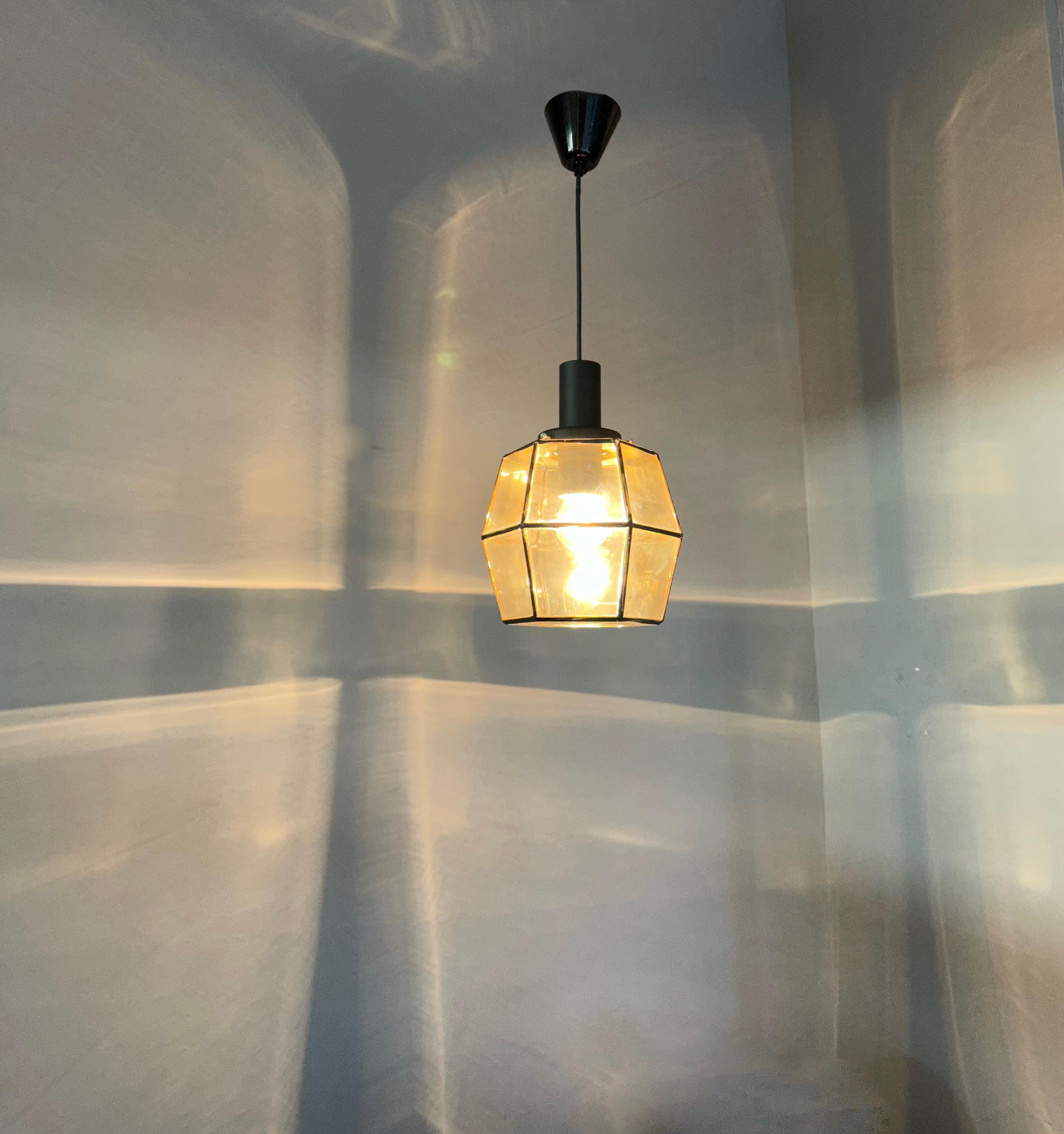 20th Century Rare & Stylish Mid-Century Modern Glass & Metal Lined Pendant / Ceiling Lamp For Sale