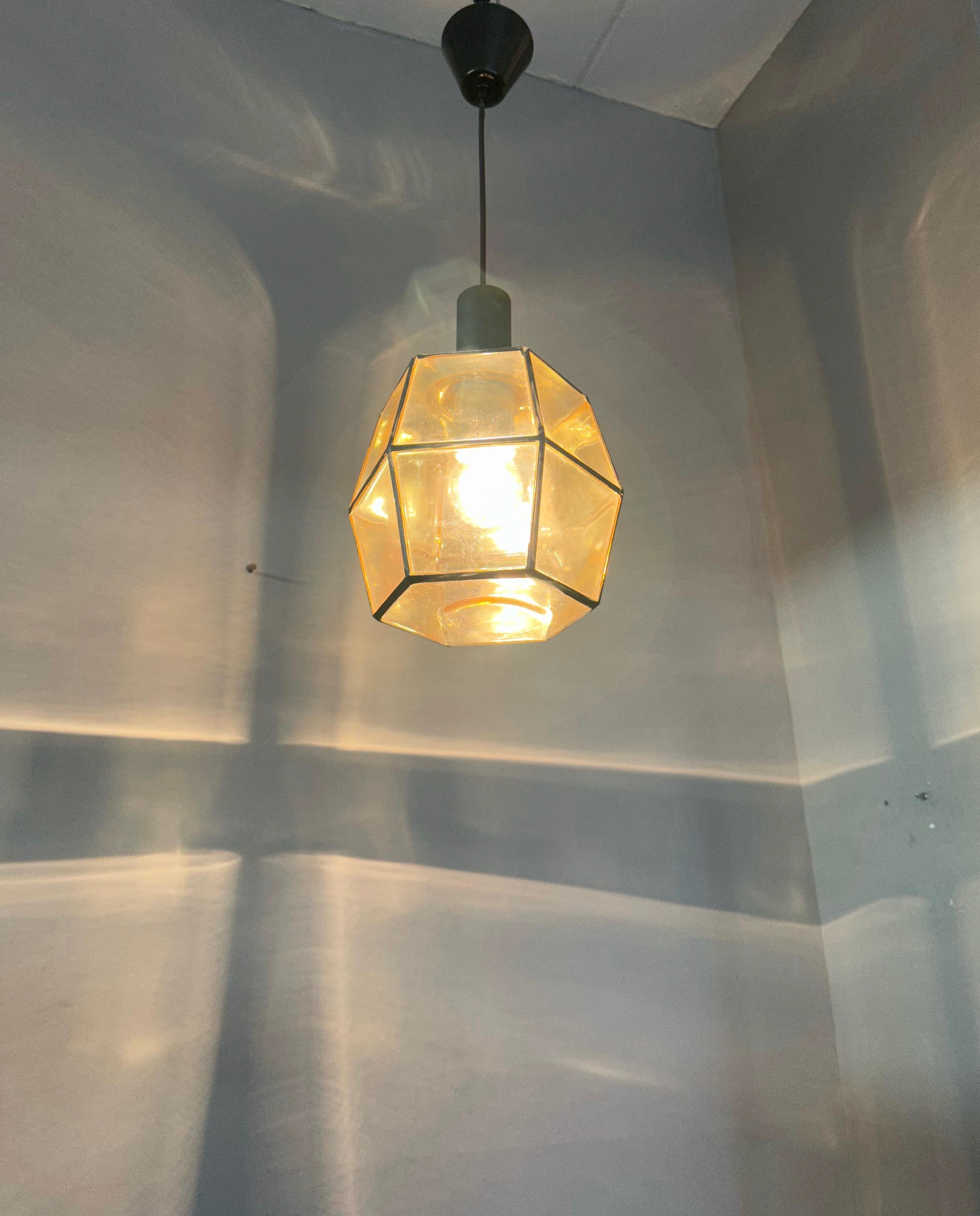 Rare & Stylish Mid-Century Modern Glass & Metal Lined Pendant / Ceiling Lamp For Sale 1