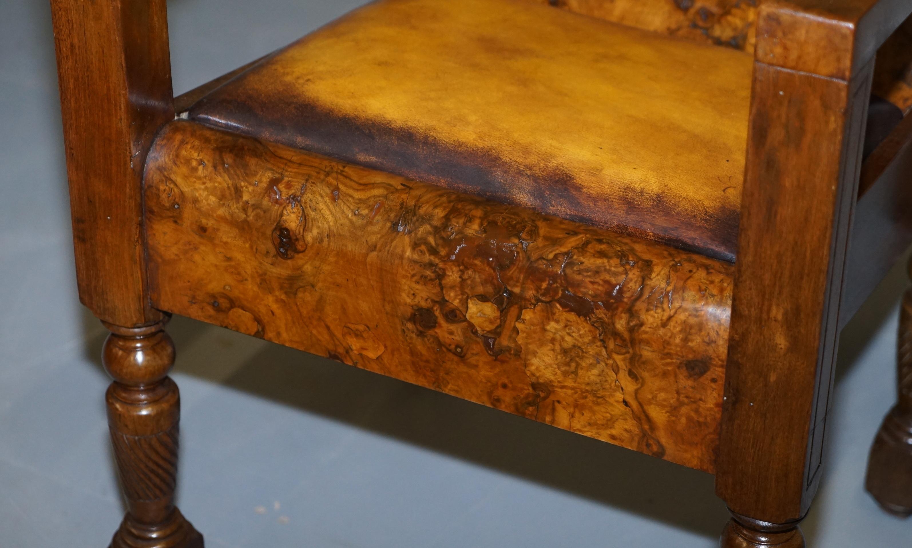 Rare Stylish Original Art Deco Burl Burr Walnut Desk Chair Cigar Brown Leather 7