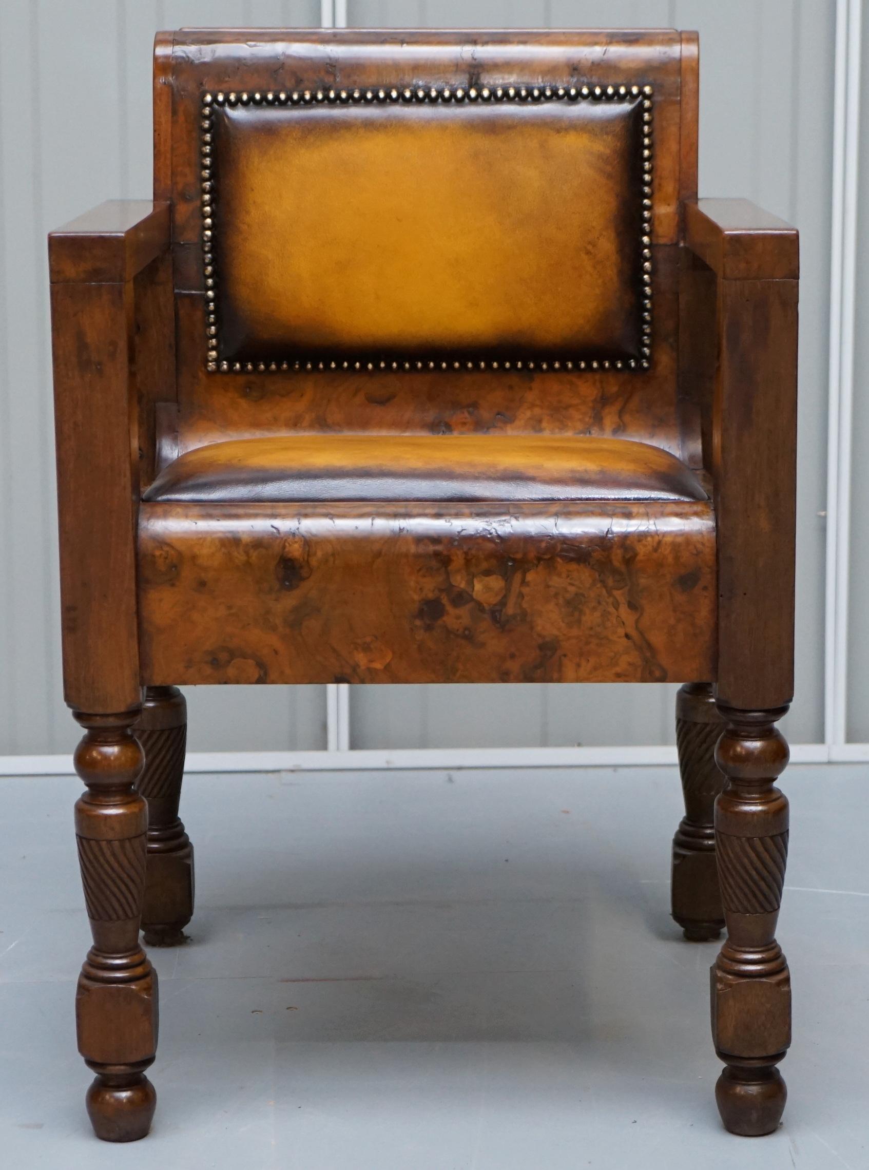 English Rare Stylish Original Art Deco Burl Burr Walnut Desk Chair Cigar Brown Leather