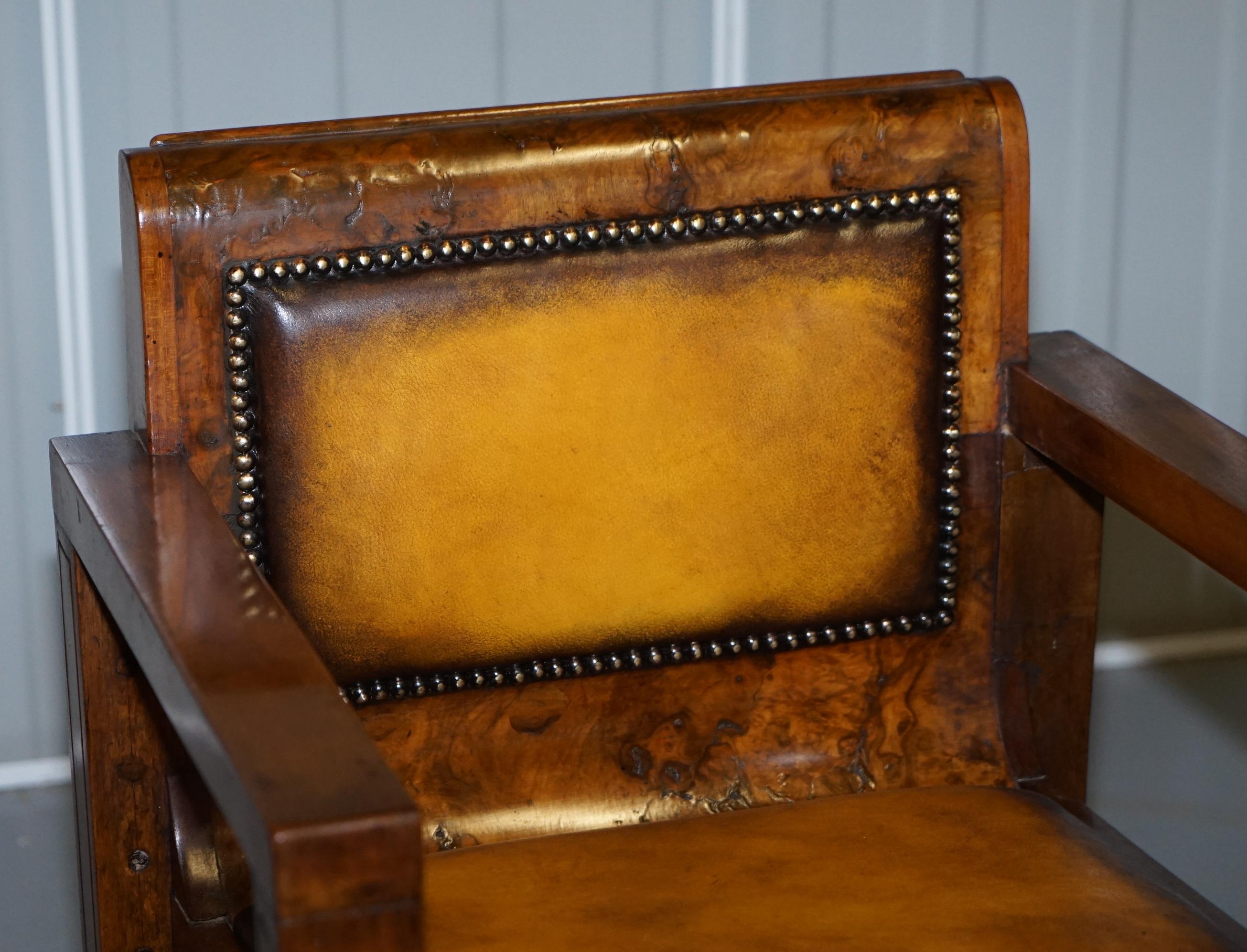 Hand-Crafted Rare Stylish Original Art Deco Burl Burr Walnut Desk Chair Cigar Brown Leather