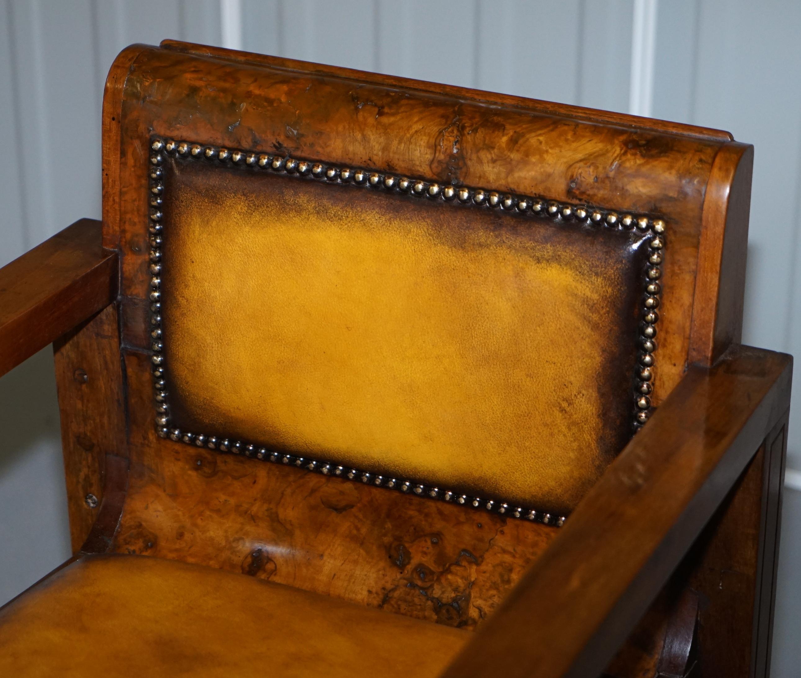 Early 20th Century Rare Stylish Original Art Deco Burl Burr Walnut Desk Chair Cigar Brown Leather