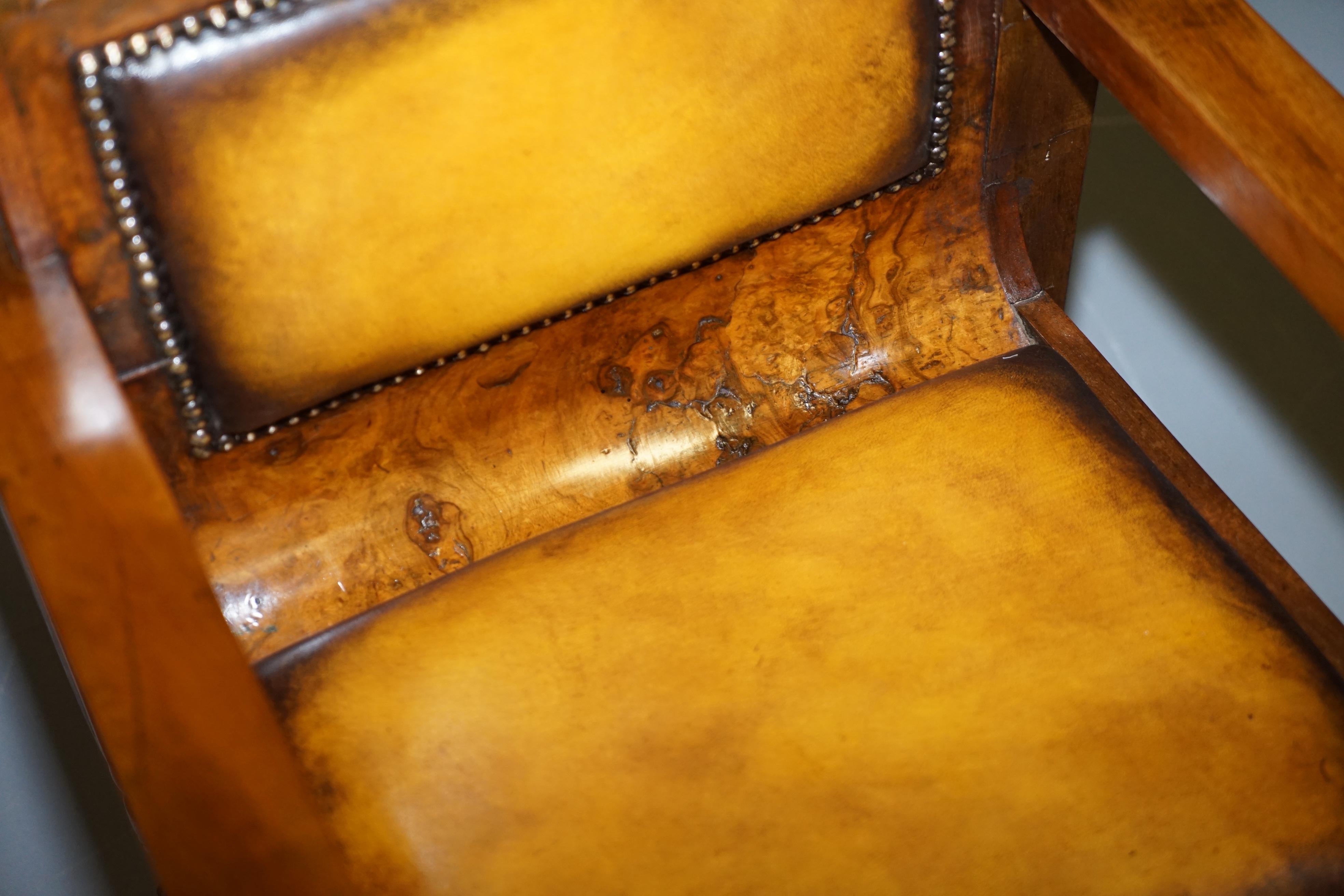 Rare Stylish Original Art Deco Burl Burr Walnut Desk Chair Cigar Brown Leather 1