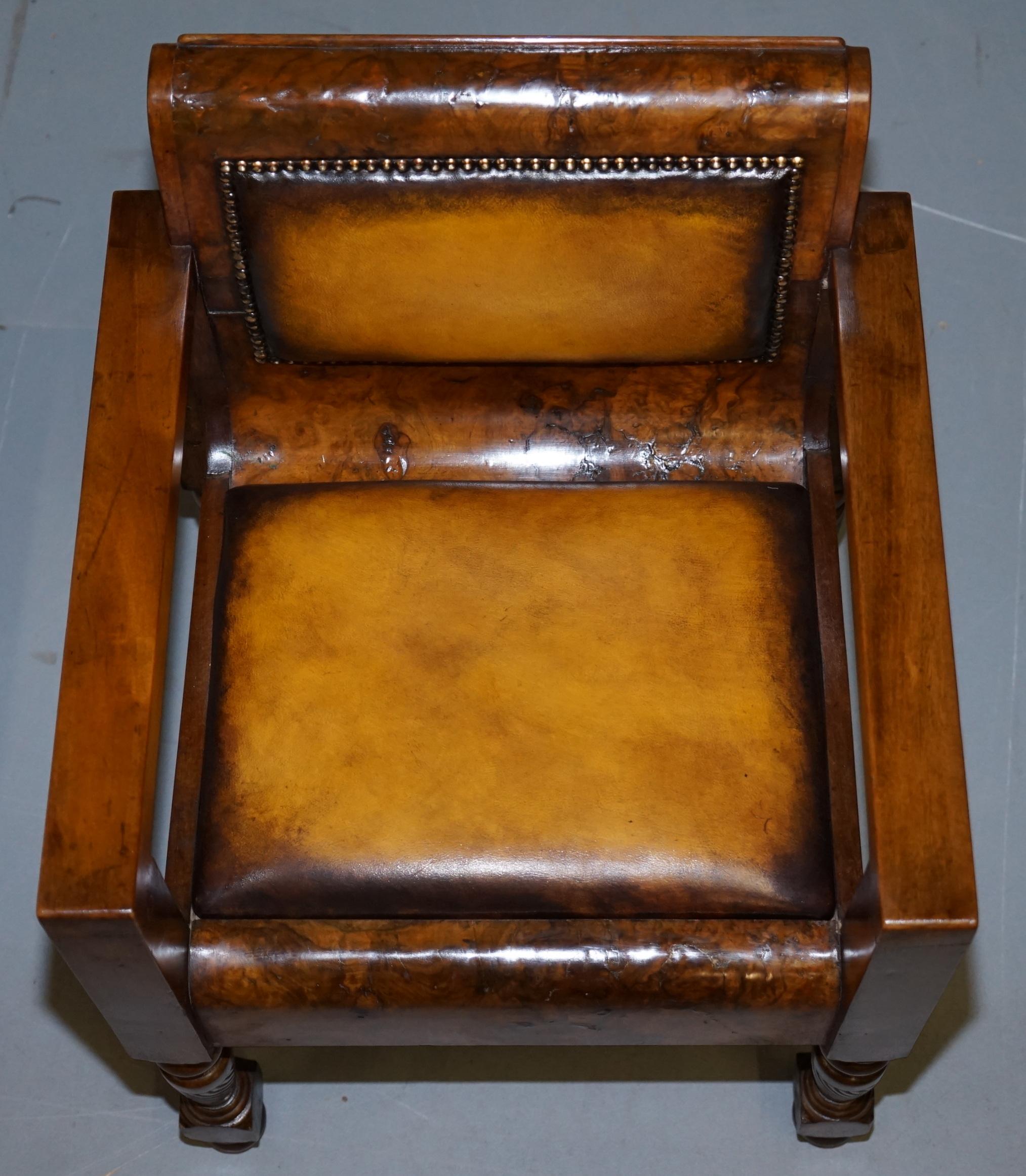 Rare Stylish Original Art Deco Burl Burr Walnut Desk Chair Cigar Brown Leather 2
