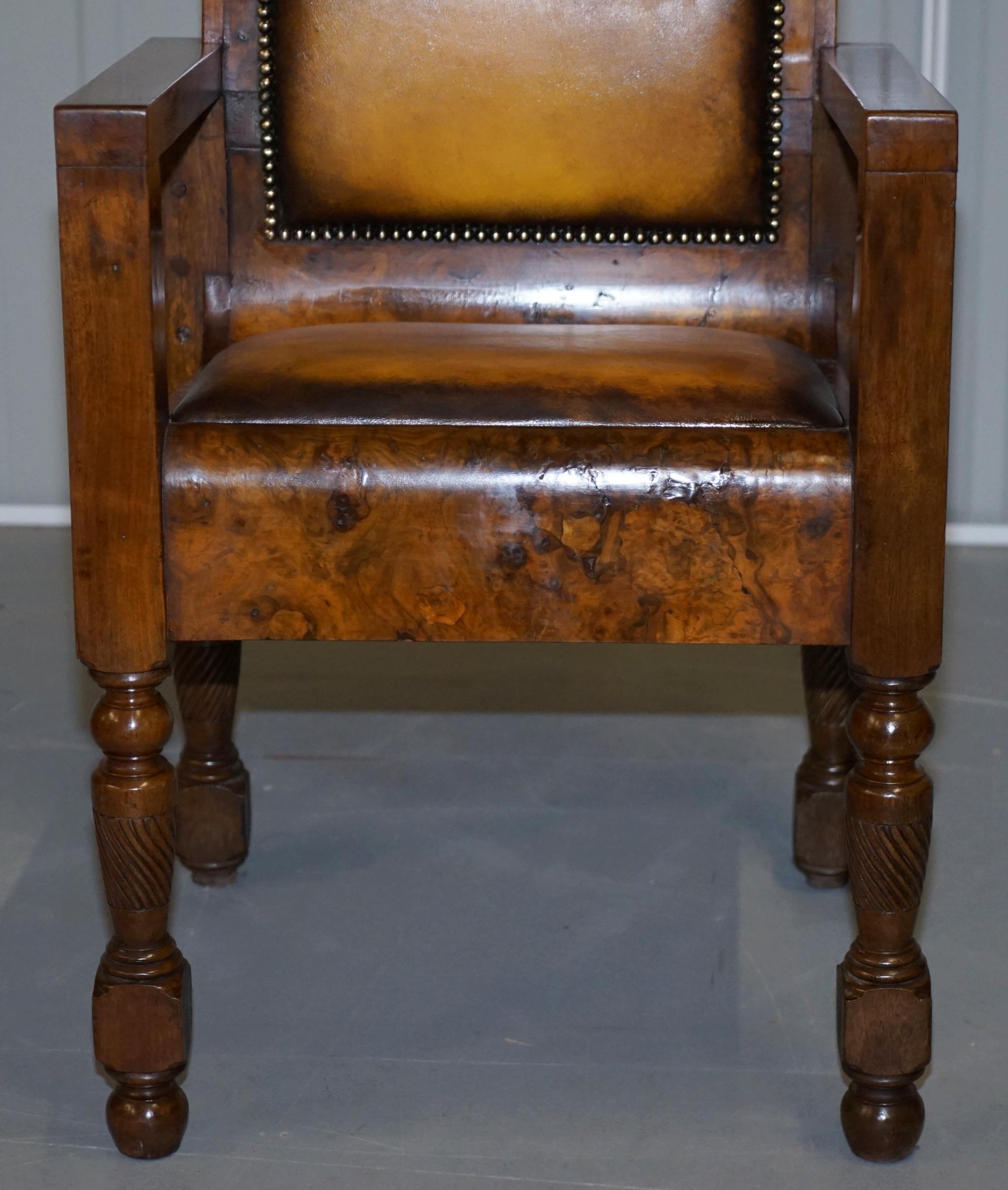 Rare Stylish Original Art Deco Burl Burr Walnut Desk Chair Cigar Brown Leather 4