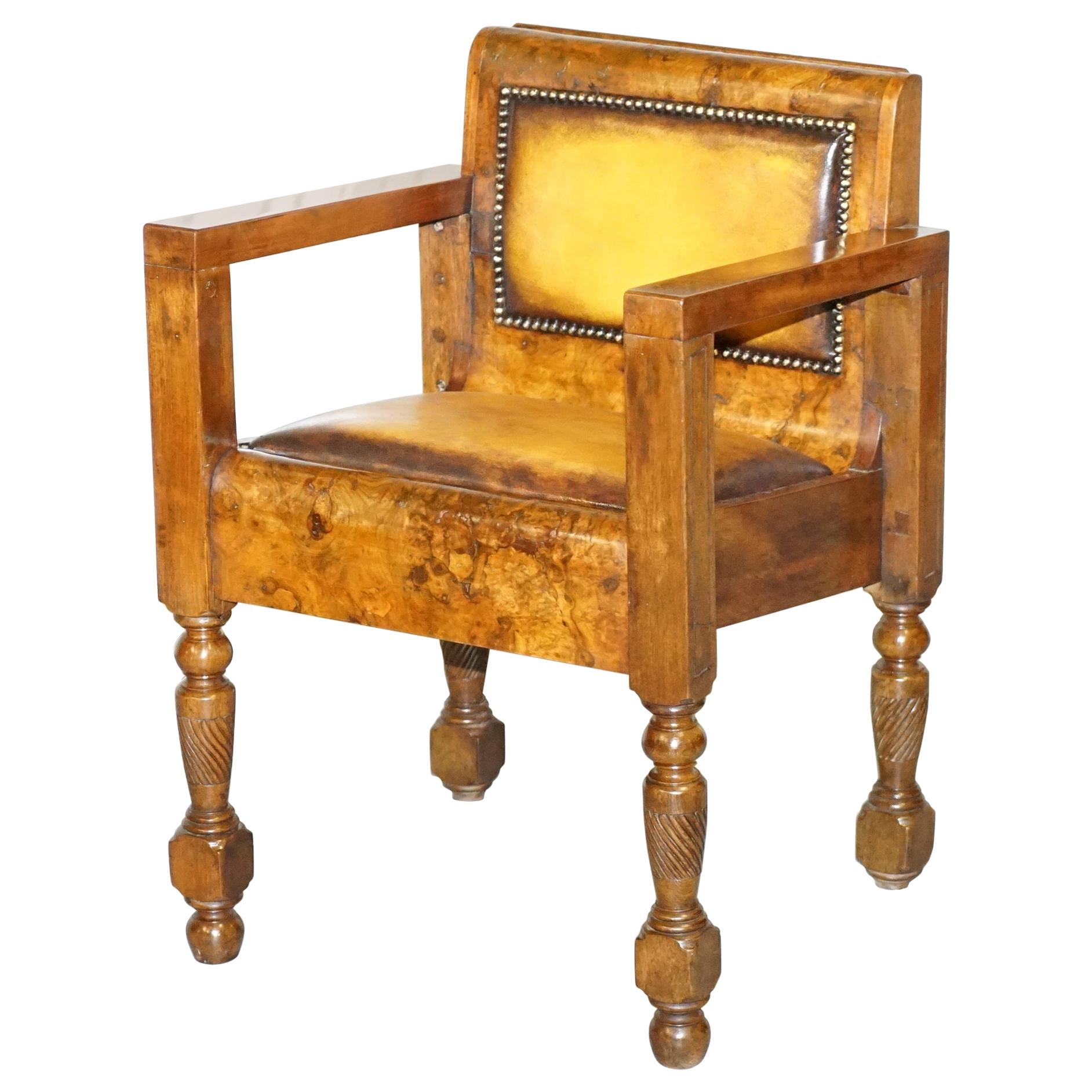 Rare Stylish Original Art Deco Burl Burr Walnut Desk Chair Cigar Brown Leather