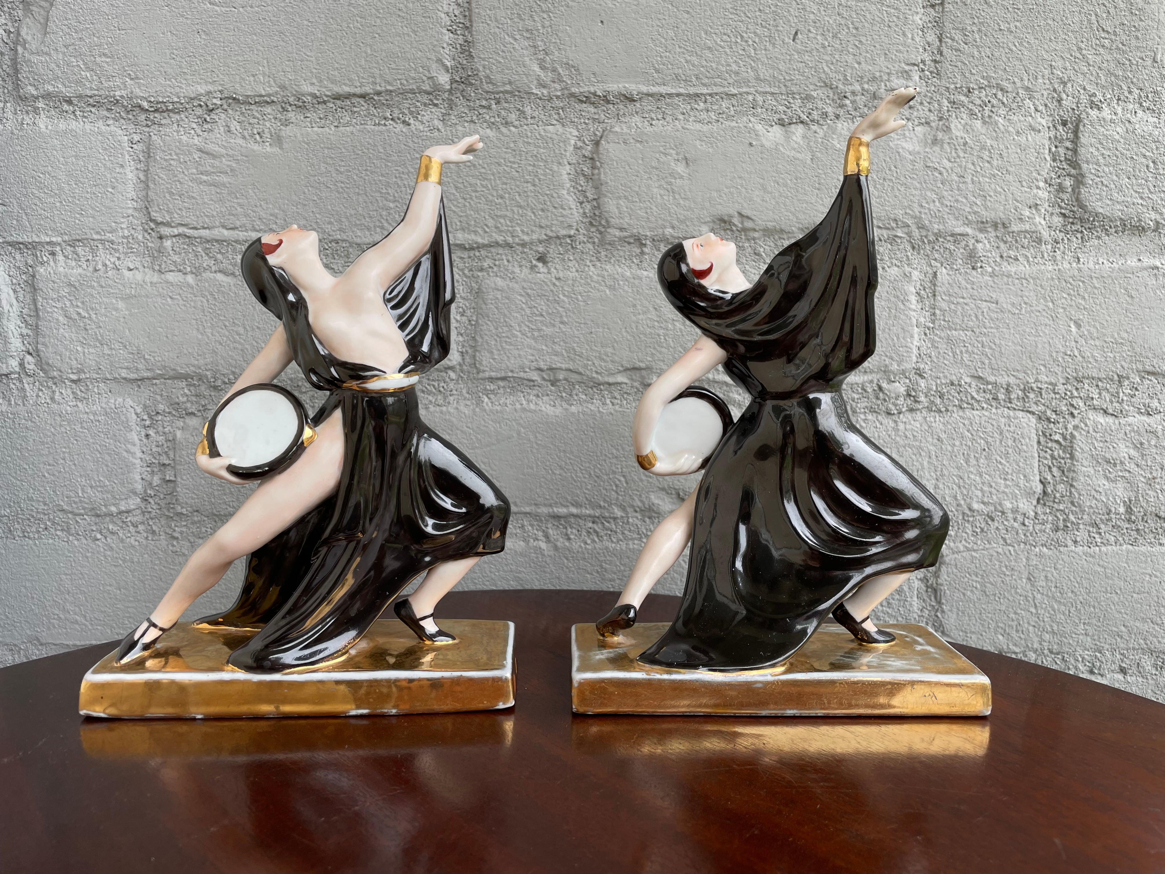 These Art Deco risque dancers (or 'Moulin Rouge') bookends are very rare and very pretty to look at.

This finest quality porcelain pair of female risque dancers from the heydays of the French Art Deco era is another one of our recent great finds
