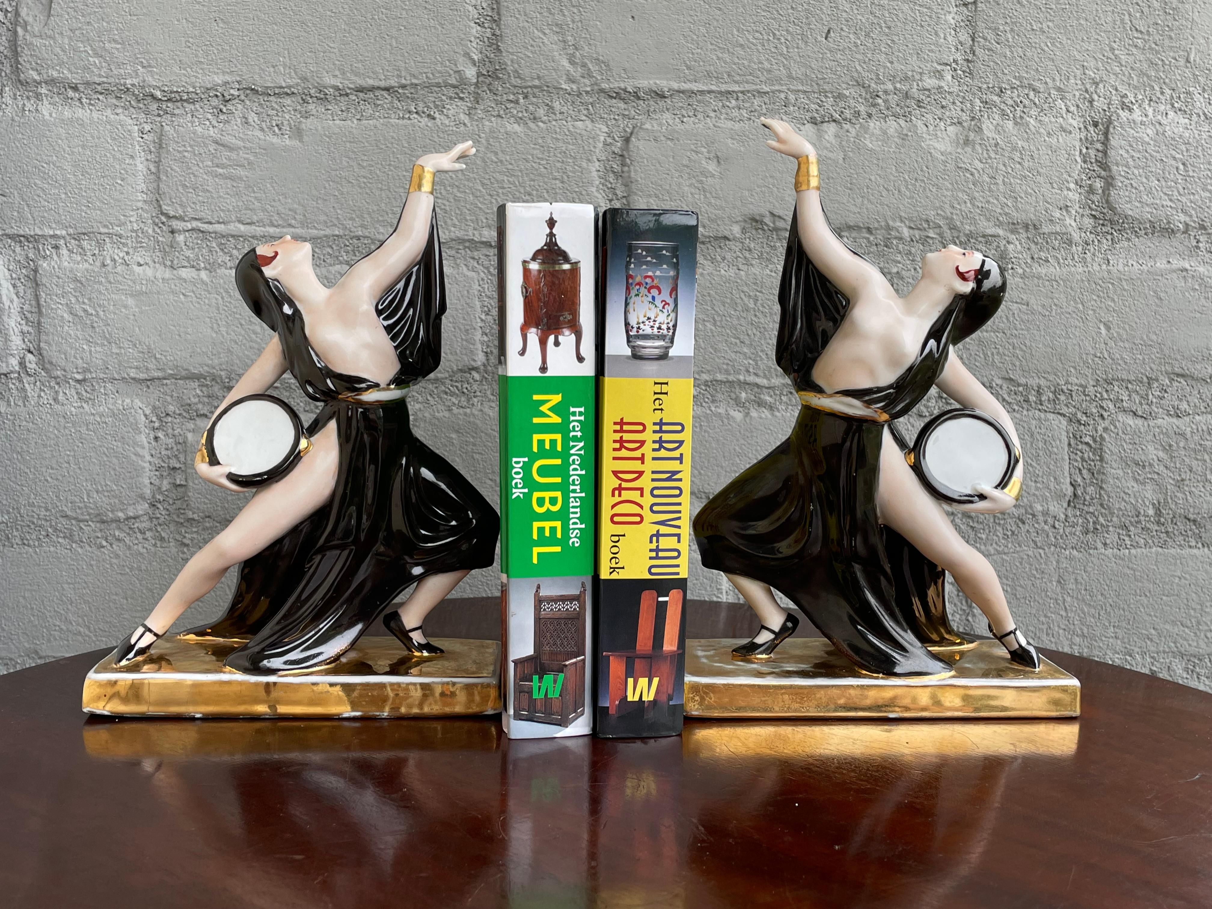 Gilt Rare & Stylish Pair of 1920s Porcelain French Art Deco Risque Dancer Bookends For Sale
