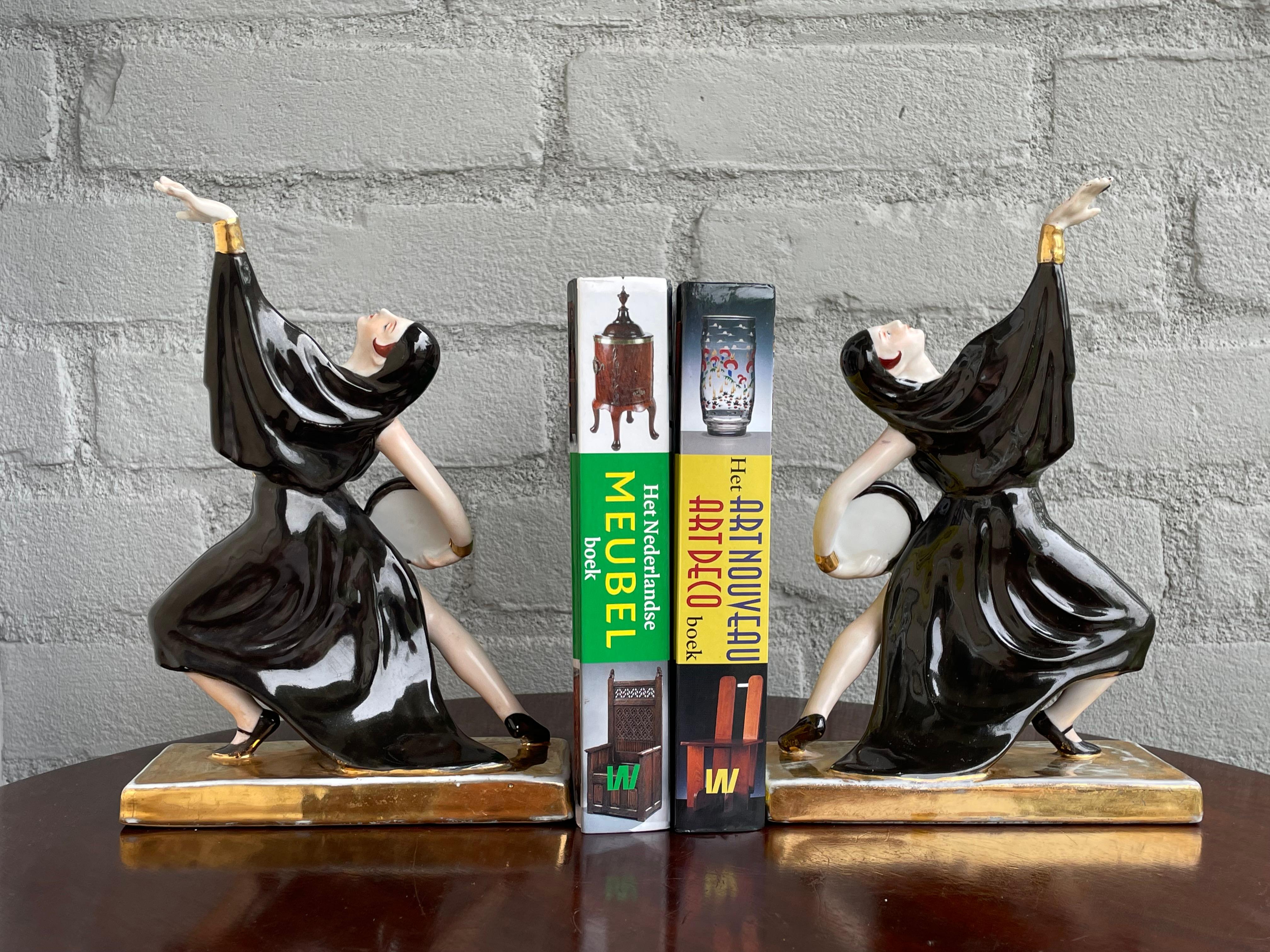 20th Century Rare & Stylish Pair of 1920s Porcelain French Art Deco Risque Dancer Bookends For Sale
