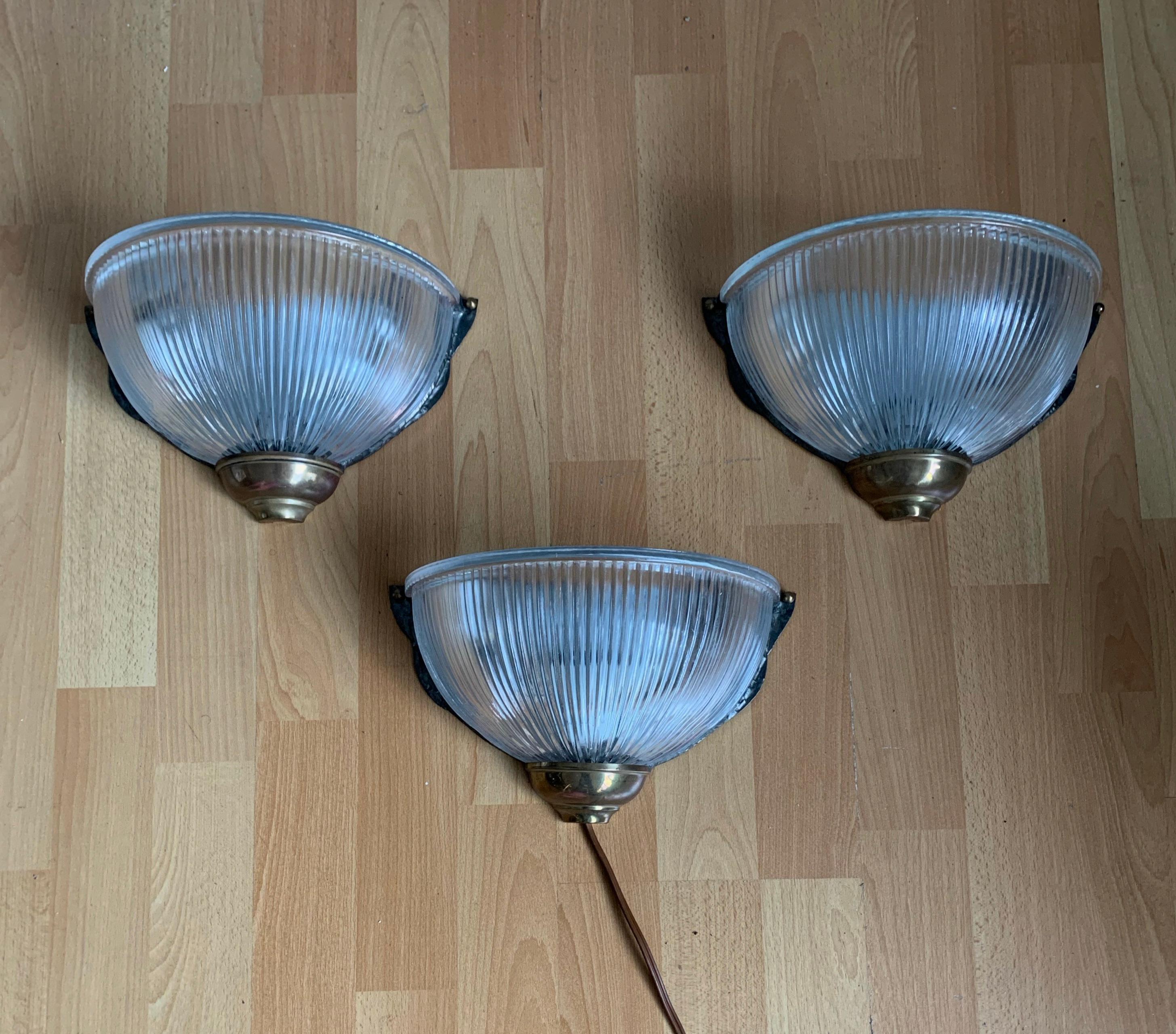 Rare & Stylish Set of Three Brass and Holophane Style Glass Wall Sconces / Lamps For Sale 2