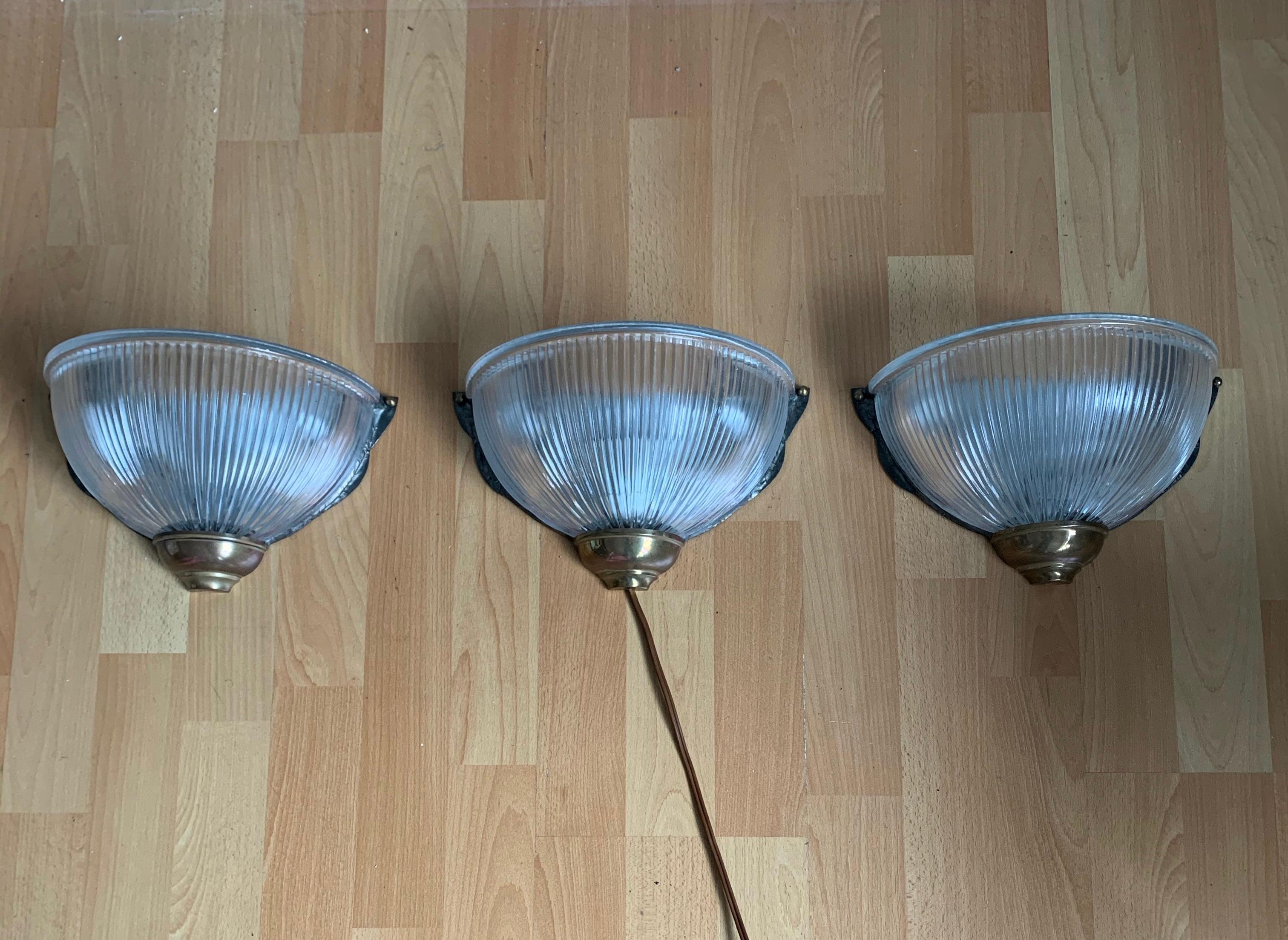 Rare & Stylish Set of Three Brass and Holophane Style Glass Wall Sconces / Lamps For Sale 7