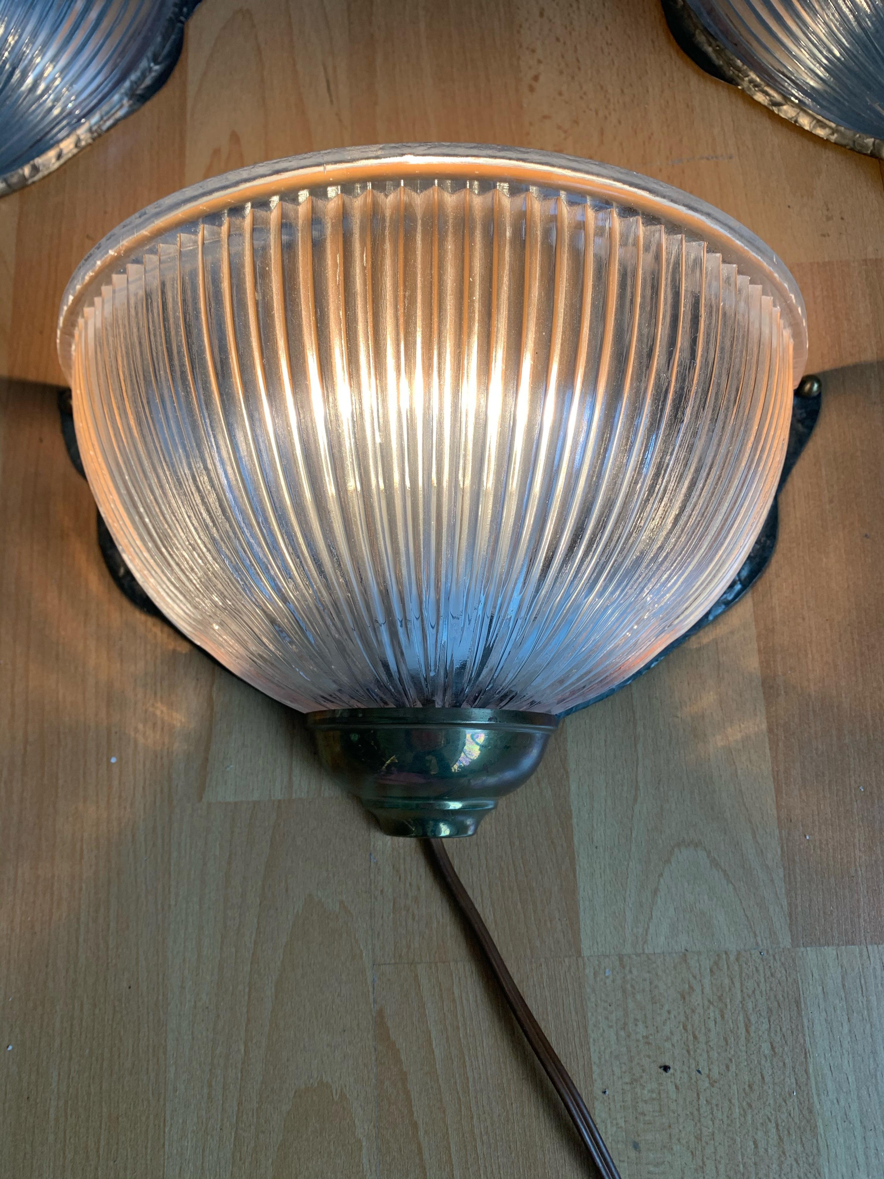 Rare & Stylish Set of Three Brass and Holophane Style Glass Wall Sconces / Lamps In Good Condition For Sale In Lisse, NL