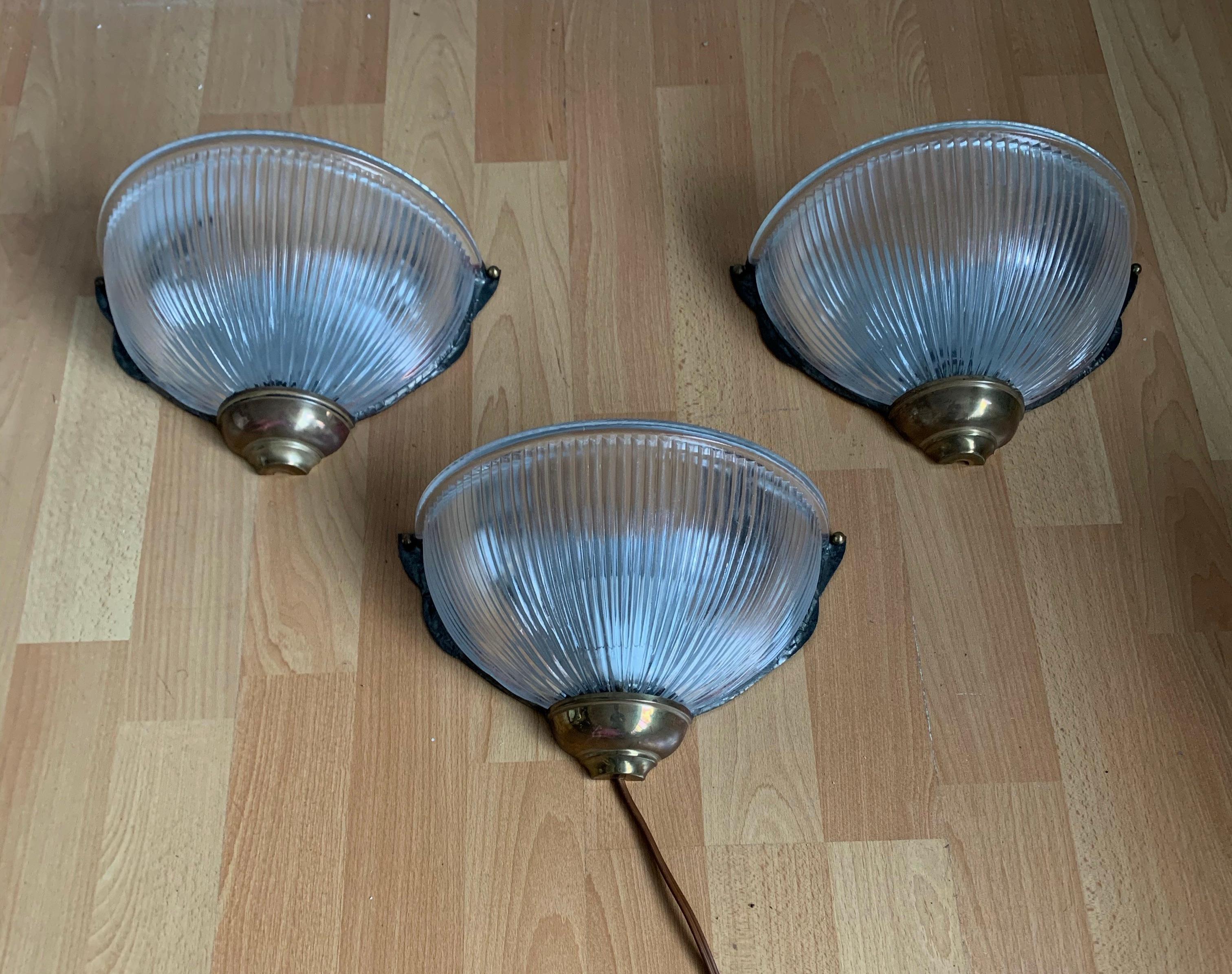 Metal Rare & Stylish Set of Three Brass and Holophane Style Glass Wall Sconces / Lamps For Sale