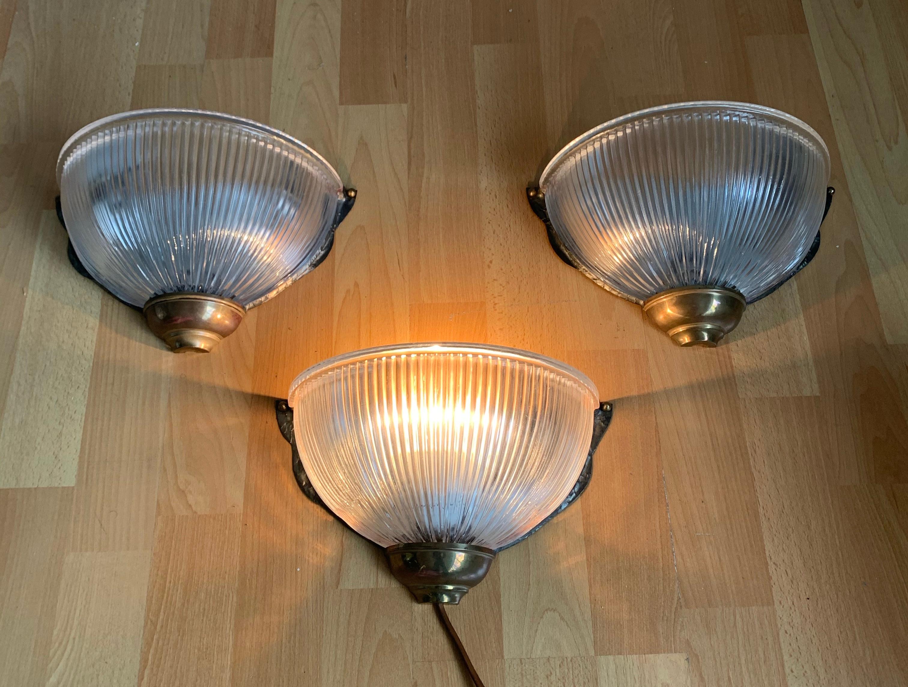 Rare & Stylish Set of Three Brass and Holophane Style Glass Wall Sconces / Lamps For Sale 1