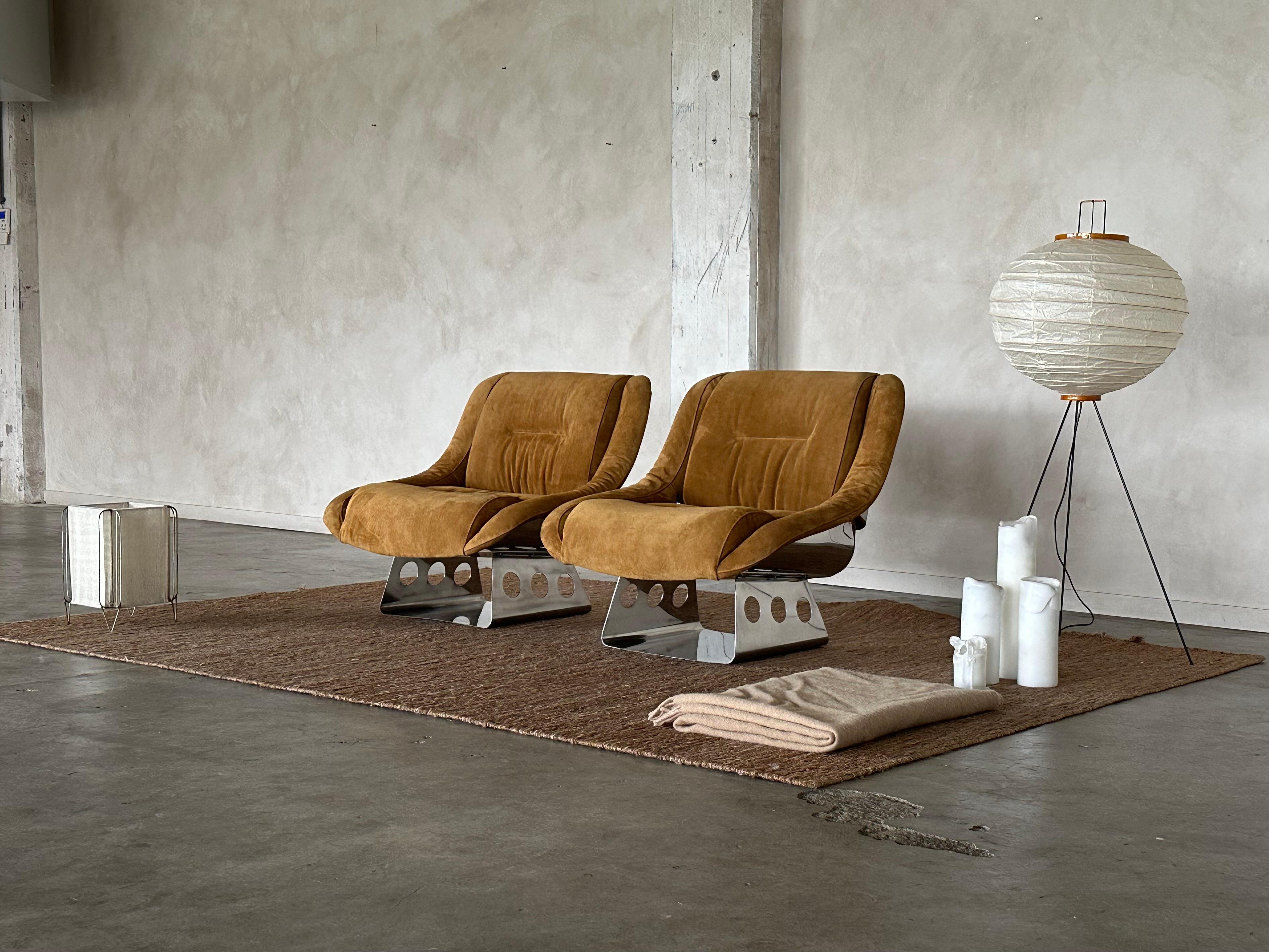 Rare Suede and Stainless Steel Lounge Chairs by Rima Padova, 1974 For Sale 7