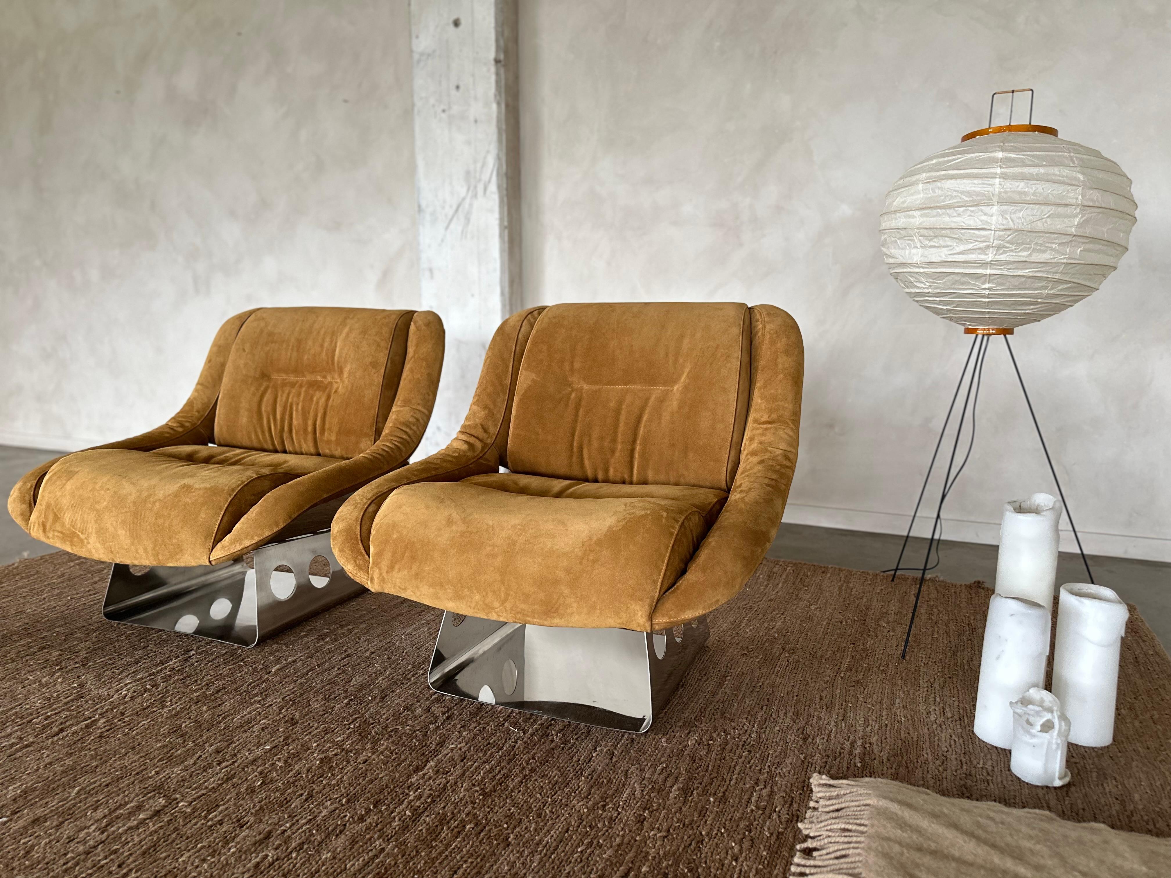 Rare Suede and Stainless Steel Lounge Chairs by Rima Padova, 1974 For Sale 8