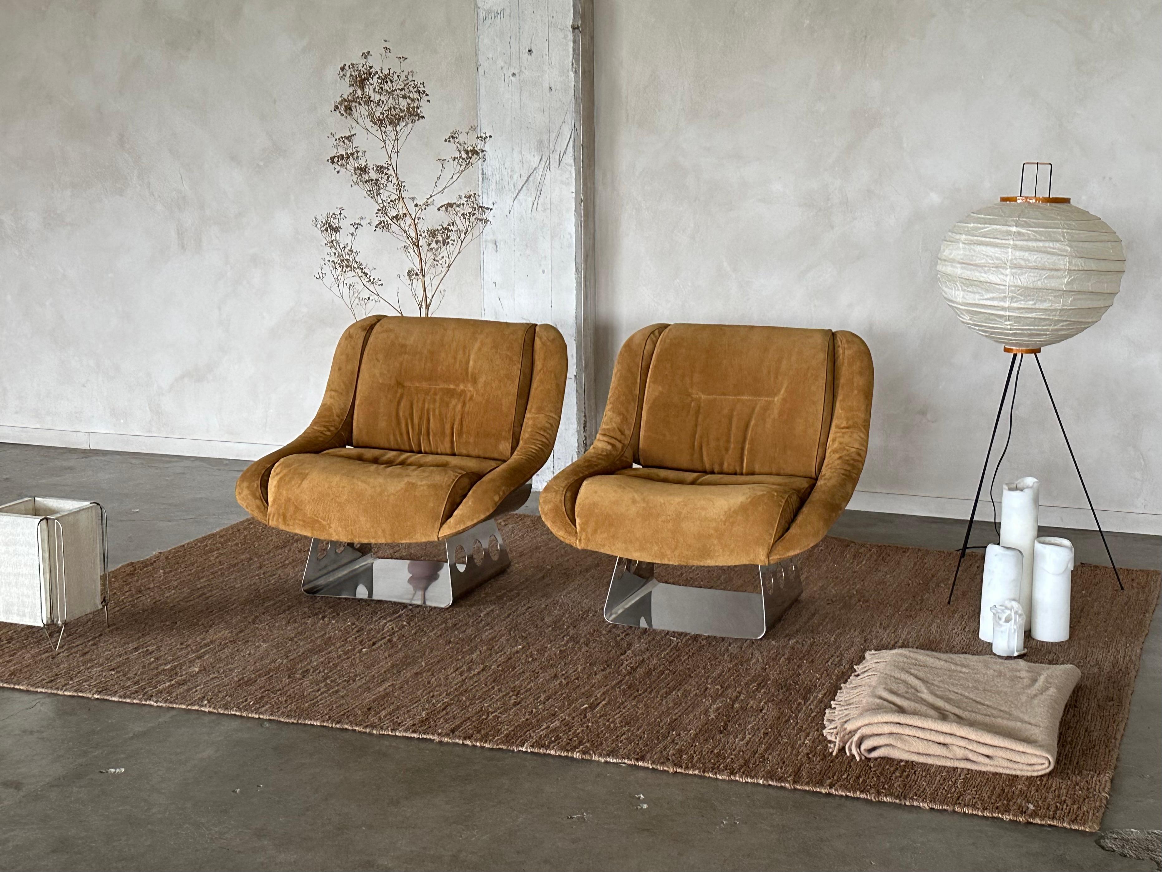 Rare Suede and Stainless Steel Lounge Chairs by Rima Padova, 1974 For Sale 10