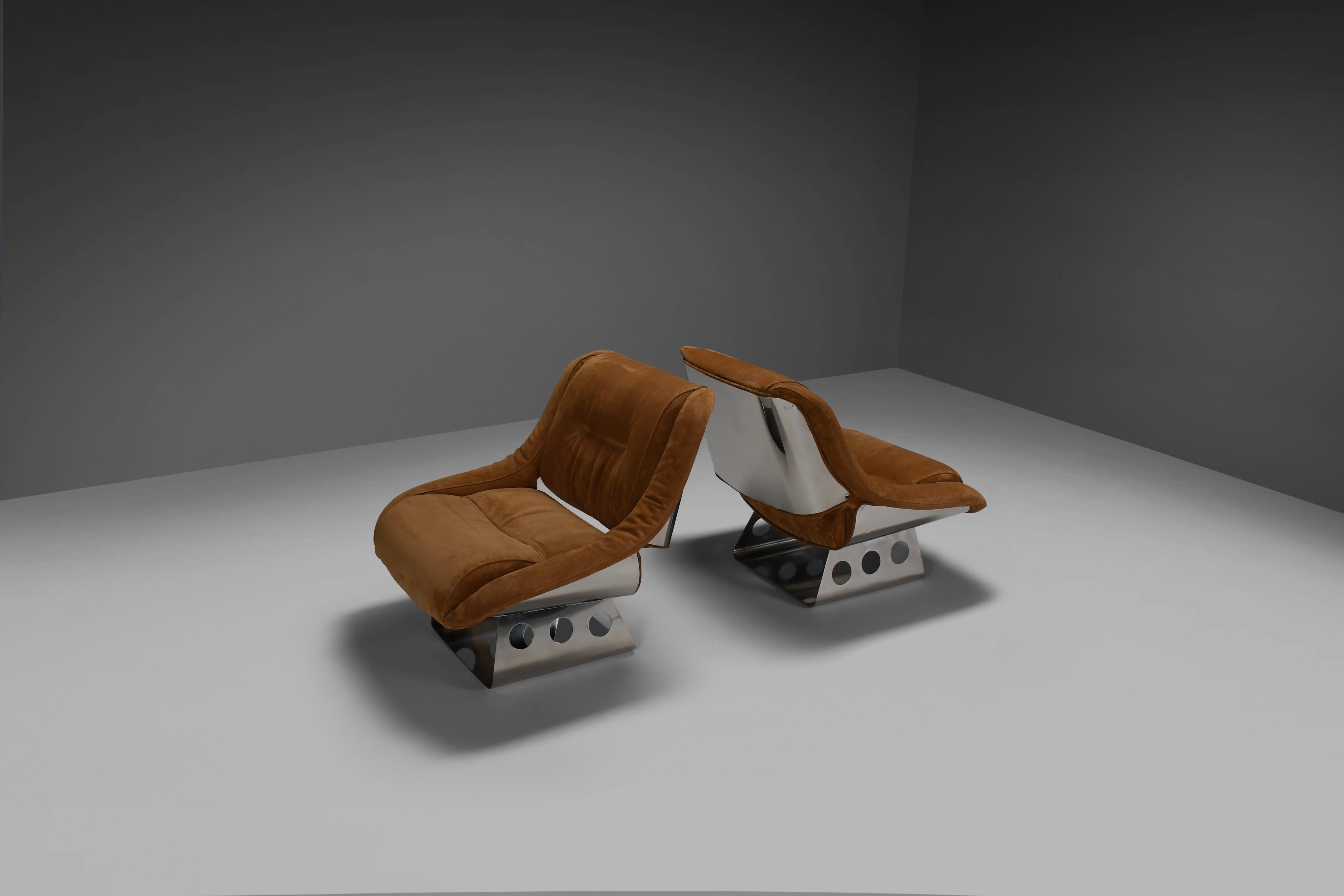 Italian Rare Suede and Stainless Steel Lounge Chairs by Rima Padova, 1974 For Sale
