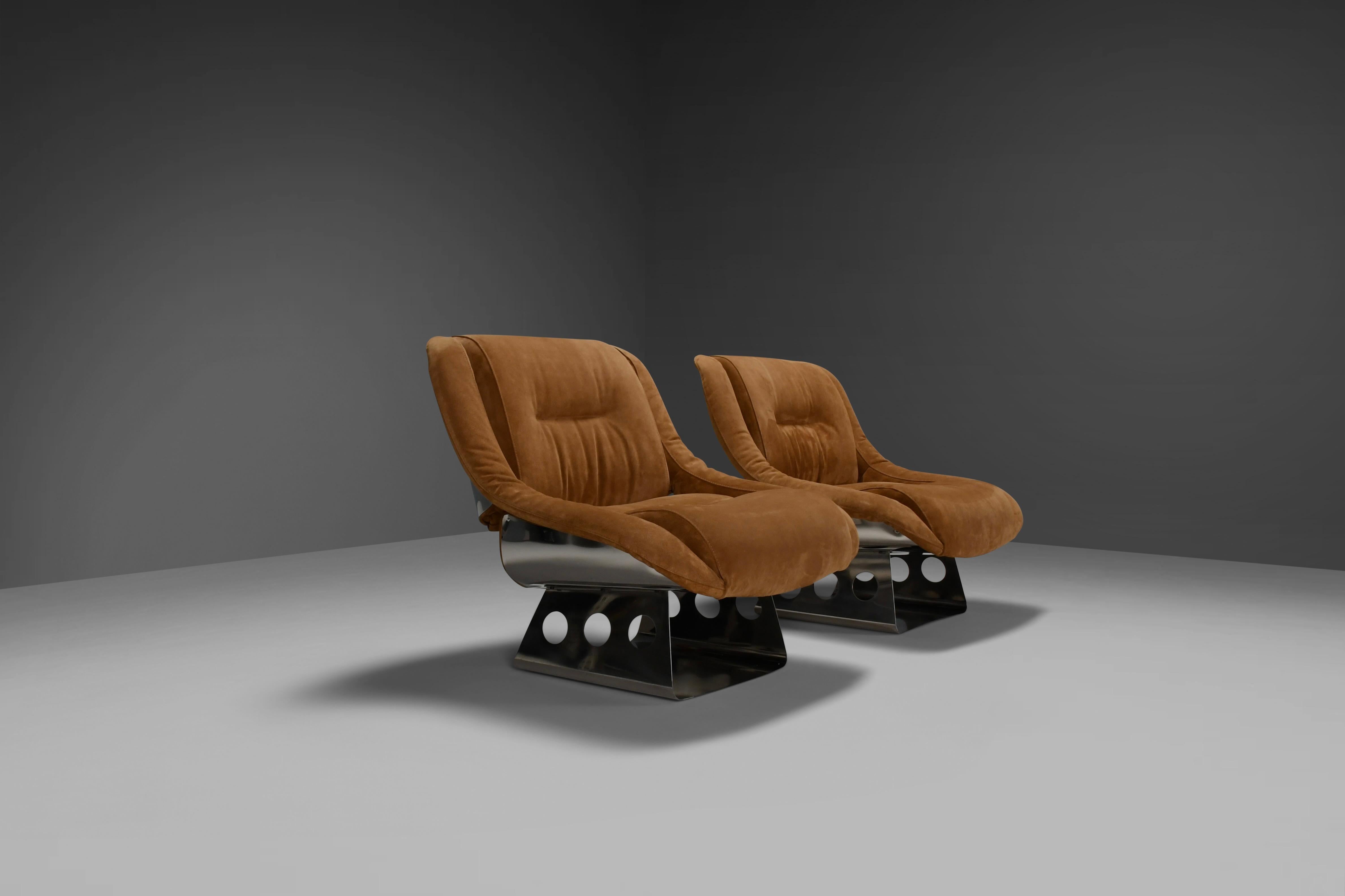20th Century Rare Suede and Stainless Steel Lounge Chairs by Rima Padova, 1974