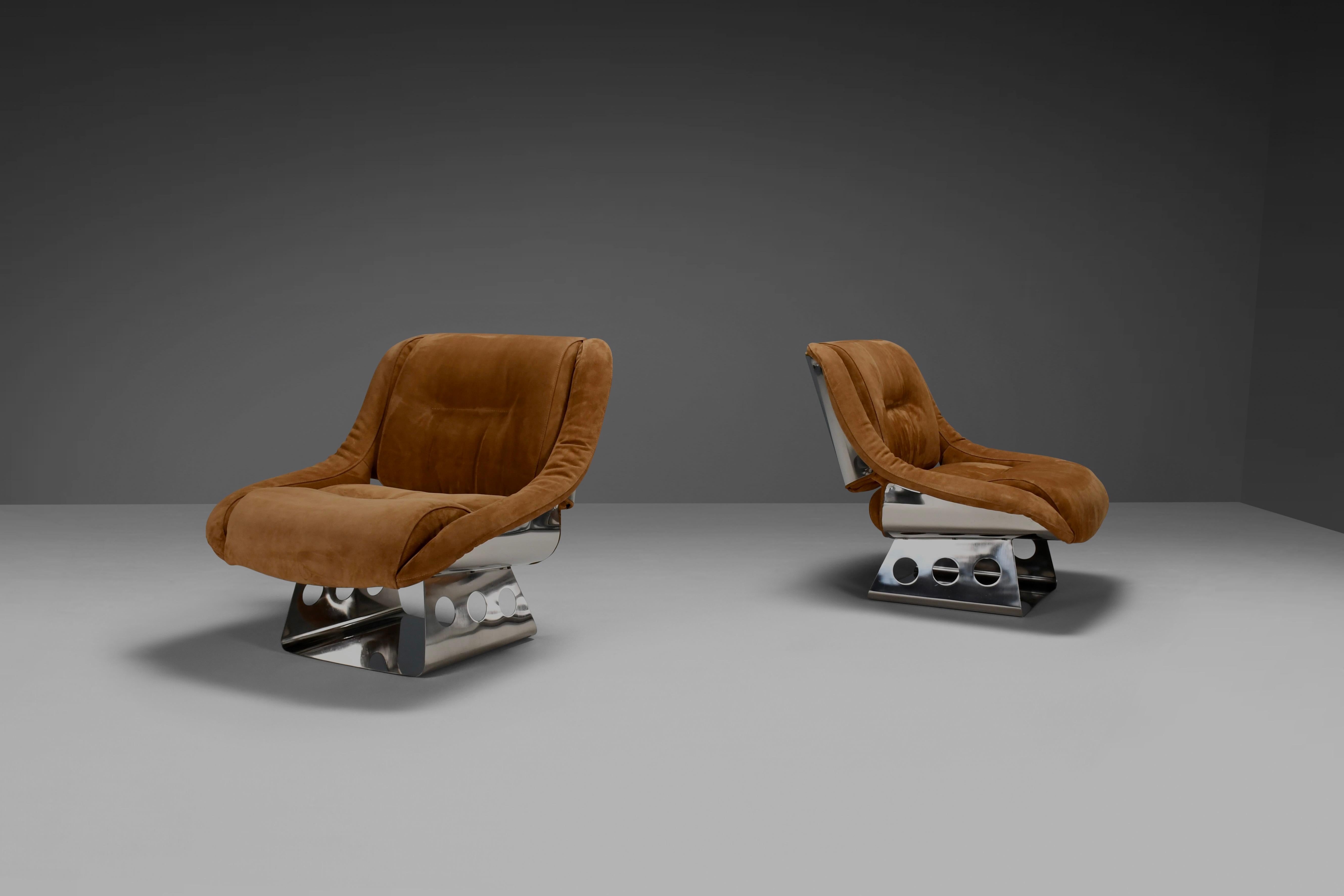 Metal Rare Suede and Stainless Steel Lounge Chairs by Rima Padova, 1974