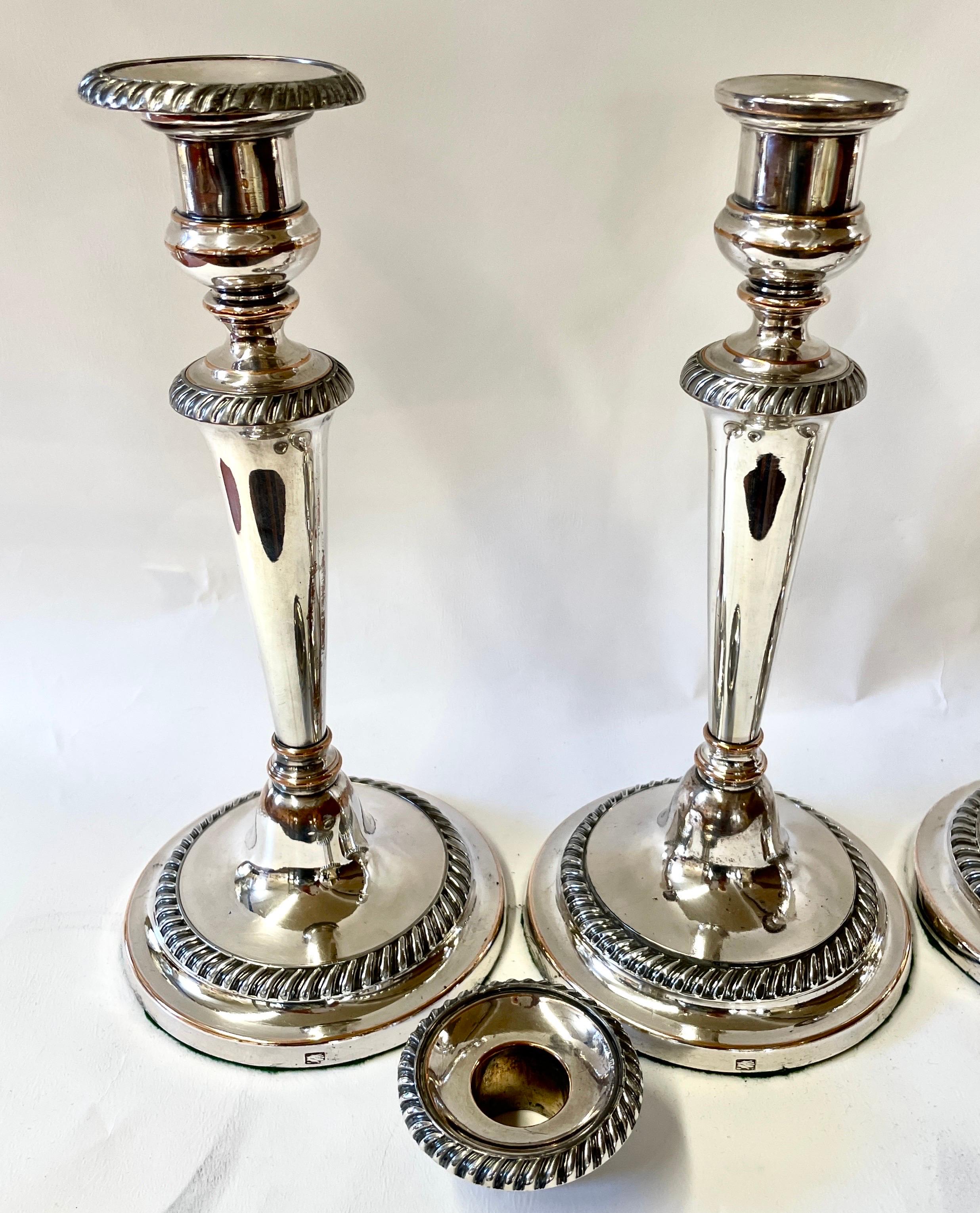 Hand-Crafted Rare Suite of 4 Antique English Geo iii Sheffield Plate Round Base Candlesticks