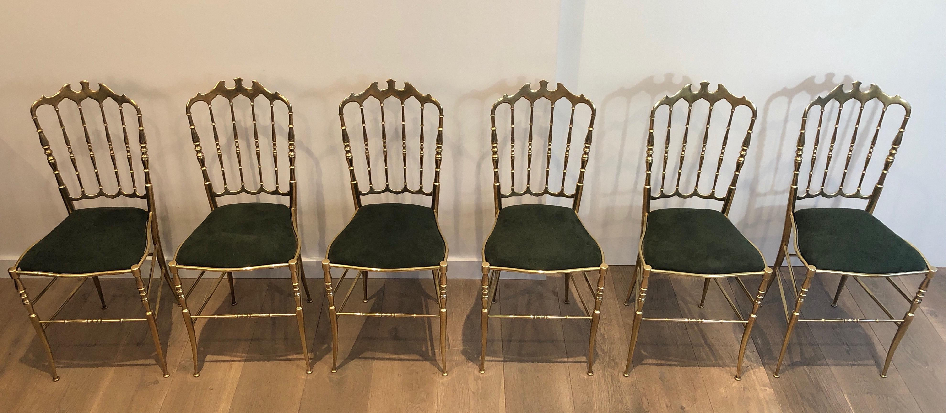 Rare Suite of 6 Beautifully Crafted Brass Chiavari Chairs, Seats Green Covered 6