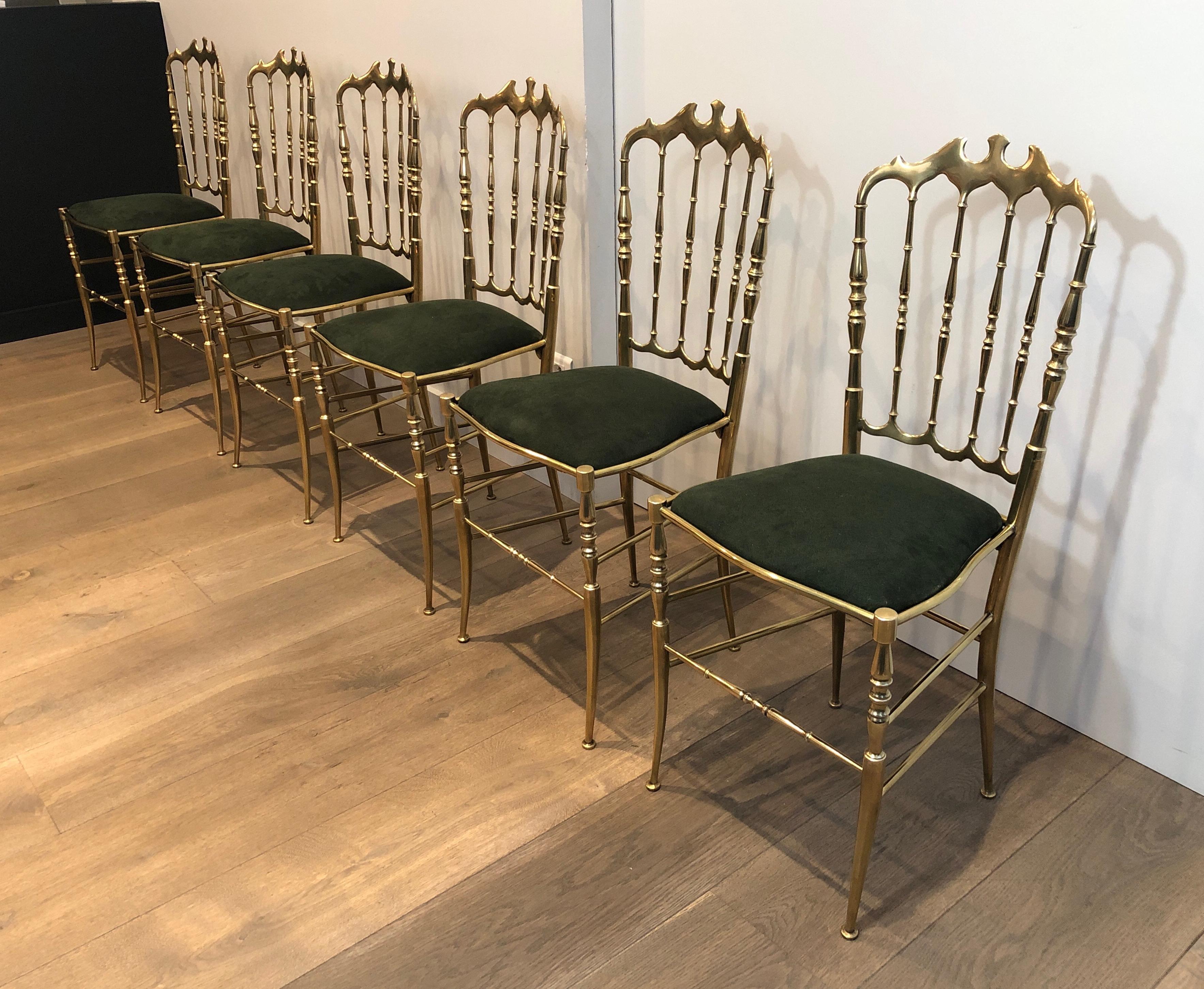 Neoclassical Rare Suite of 6 Beautifully Crafted Brass Chiavari Chairs, Seats Green Covered