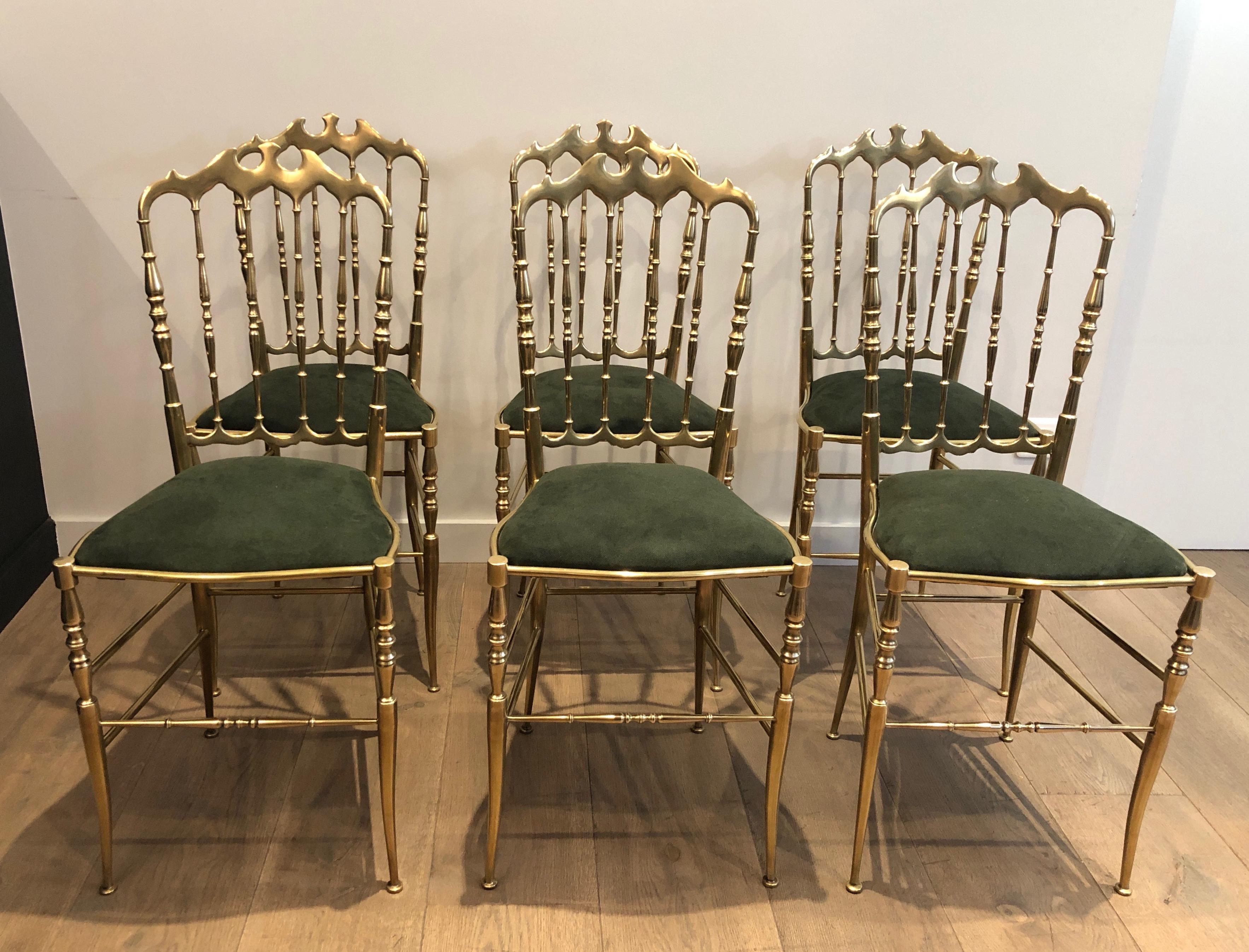 Italian Rare Suite of 6 Beautifully Crafted Brass Chiavari Chairs, Seats Green Covered