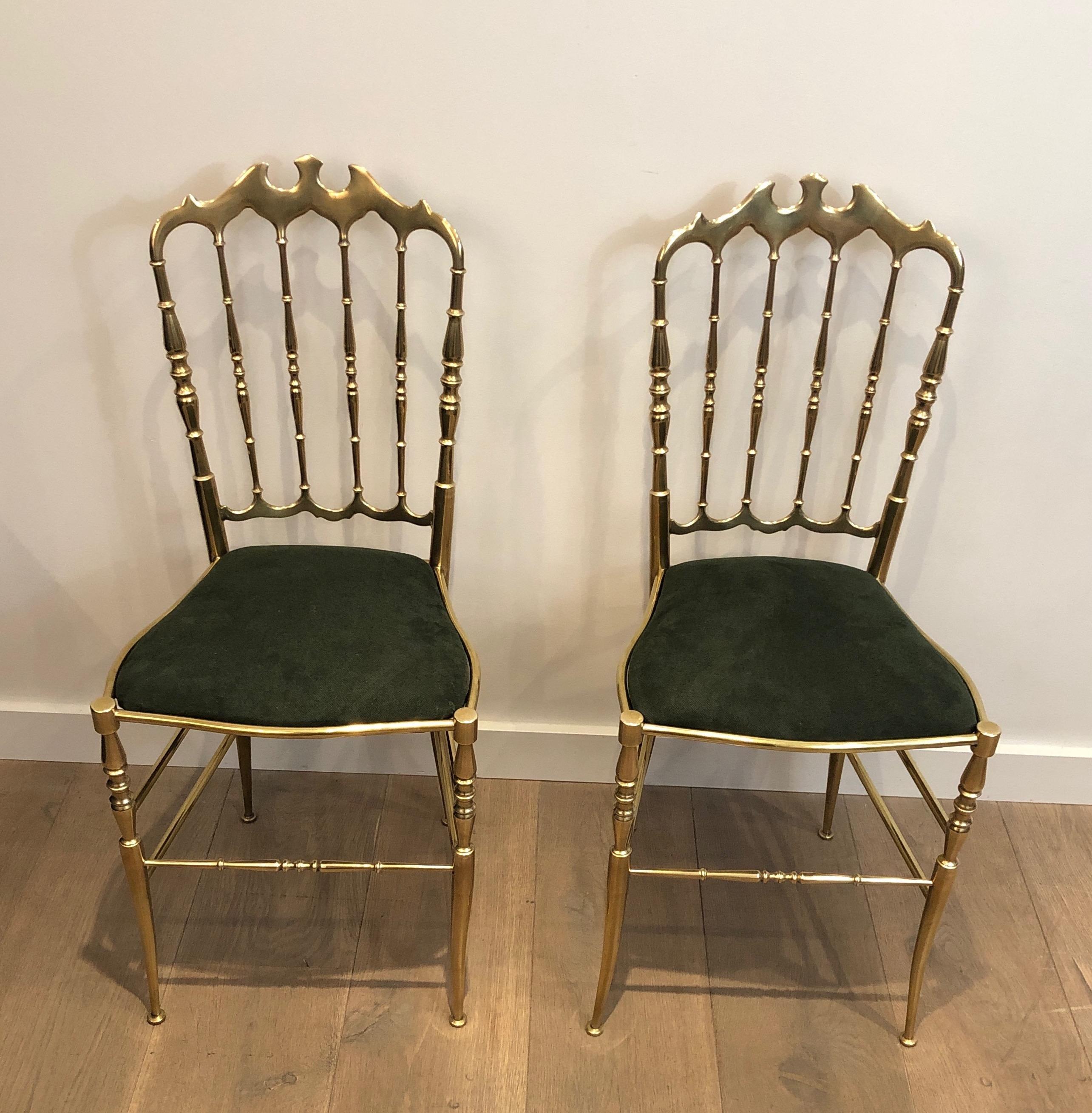 Rare Suite of 6 Beautifully Crafted Brass Chiavari Chairs, Seats Green Covered In Good Condition In Marcq-en-Barœul, Hauts-de-France