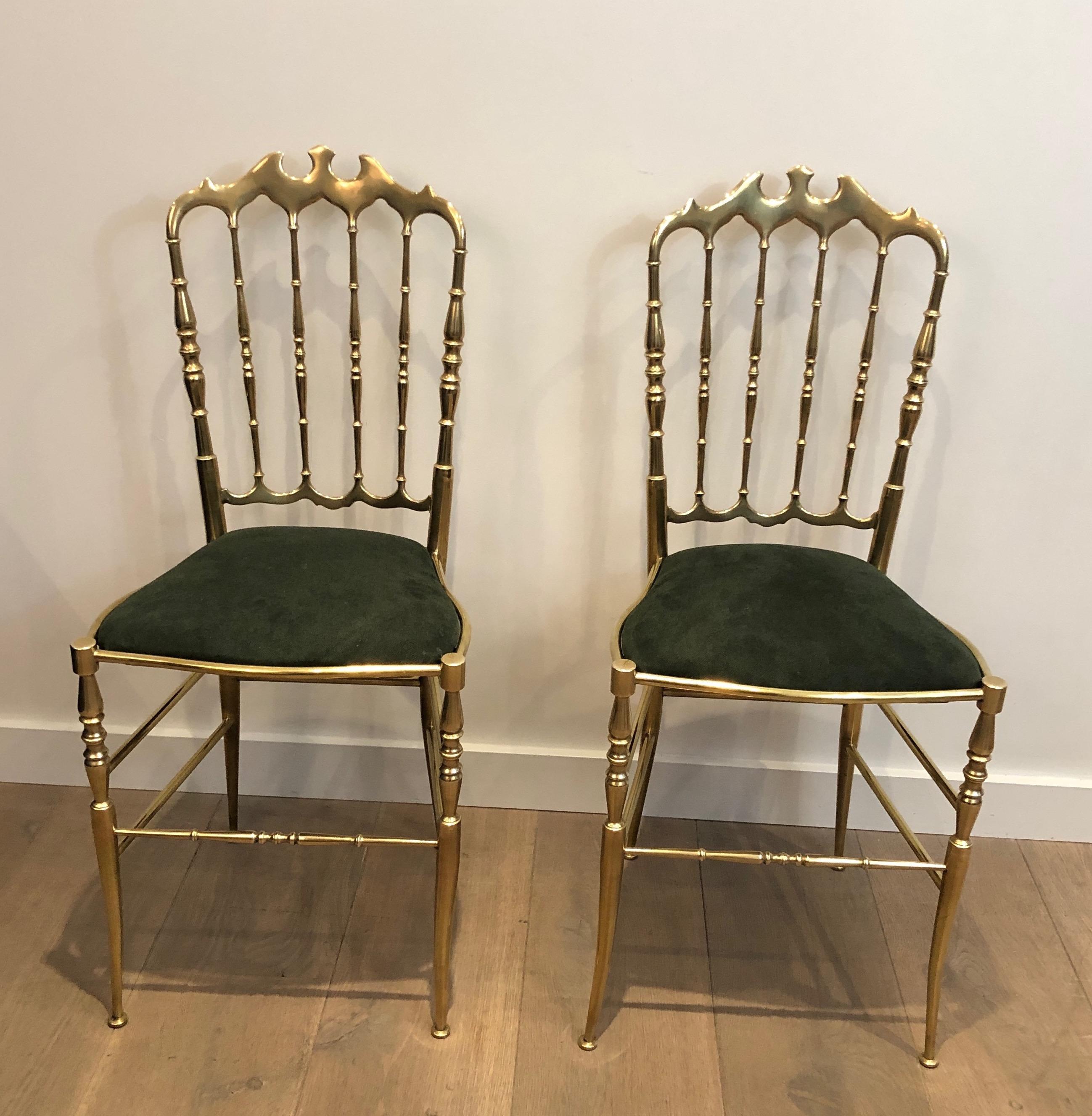 Mid-20th Century Rare Suite of 6 Beautifully Crafted Brass Chiavari Chairs, Seats Green Covered