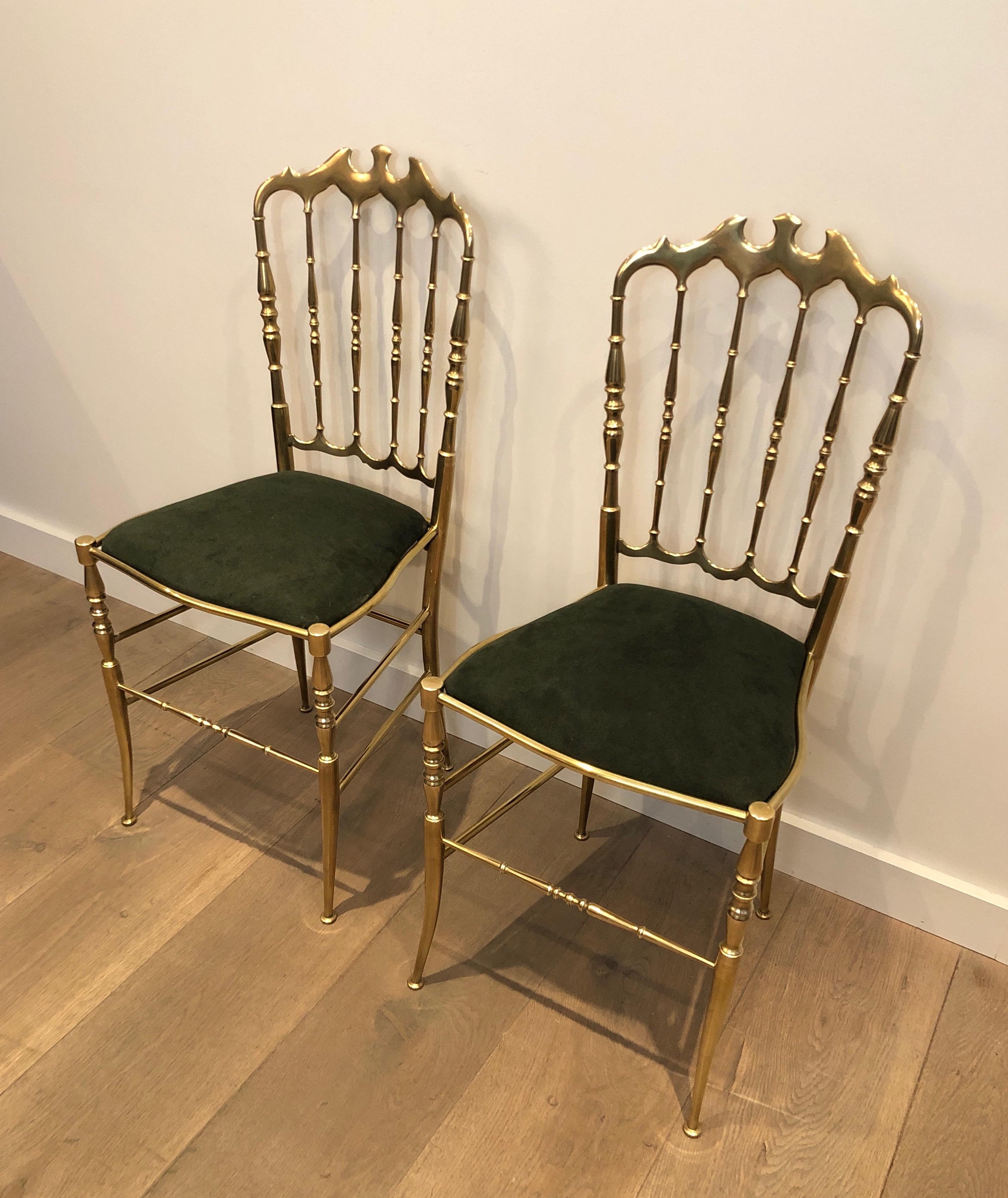 Rare Suite of 6 Beautifully Crafted Brass Chiavari Chairs, Seats Green Covered 1