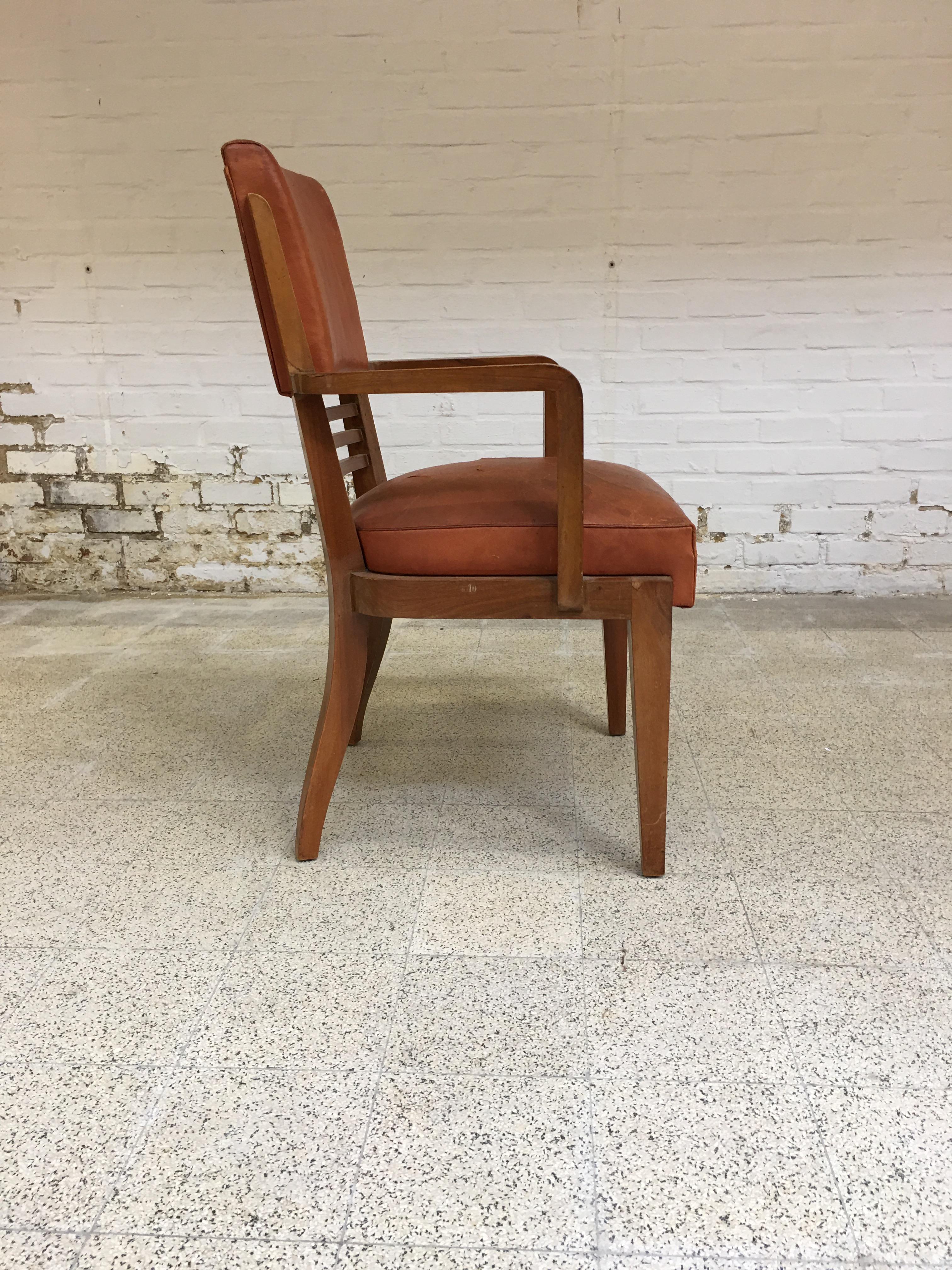 Rare Suite of 8 Art Deco Chairs and 2 walnut and Leather Armchairs i For Sale 5