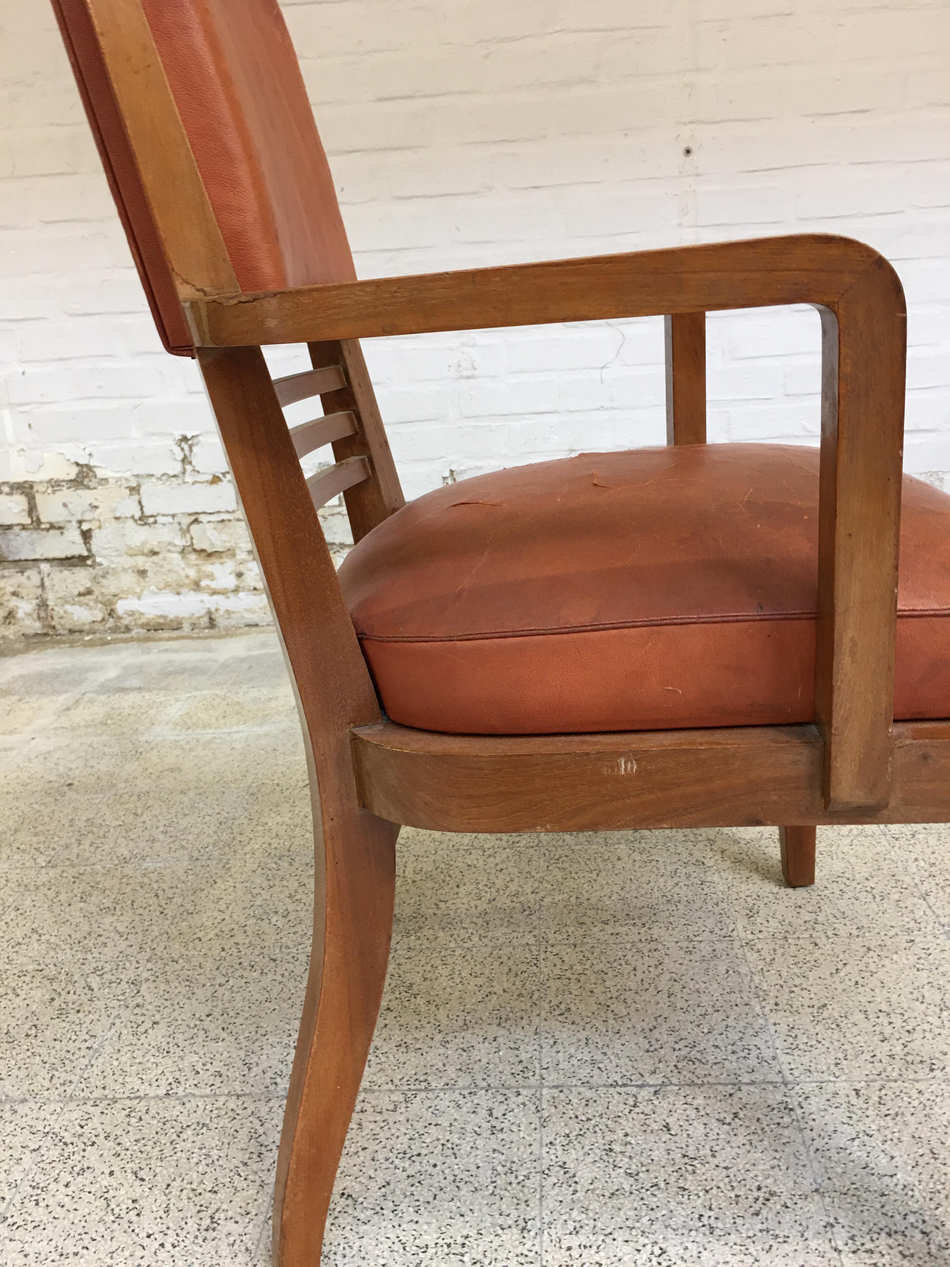 Rara suite di 8 sedie Art Déco e 2 poltrone in noce e pelle i in vendita 6