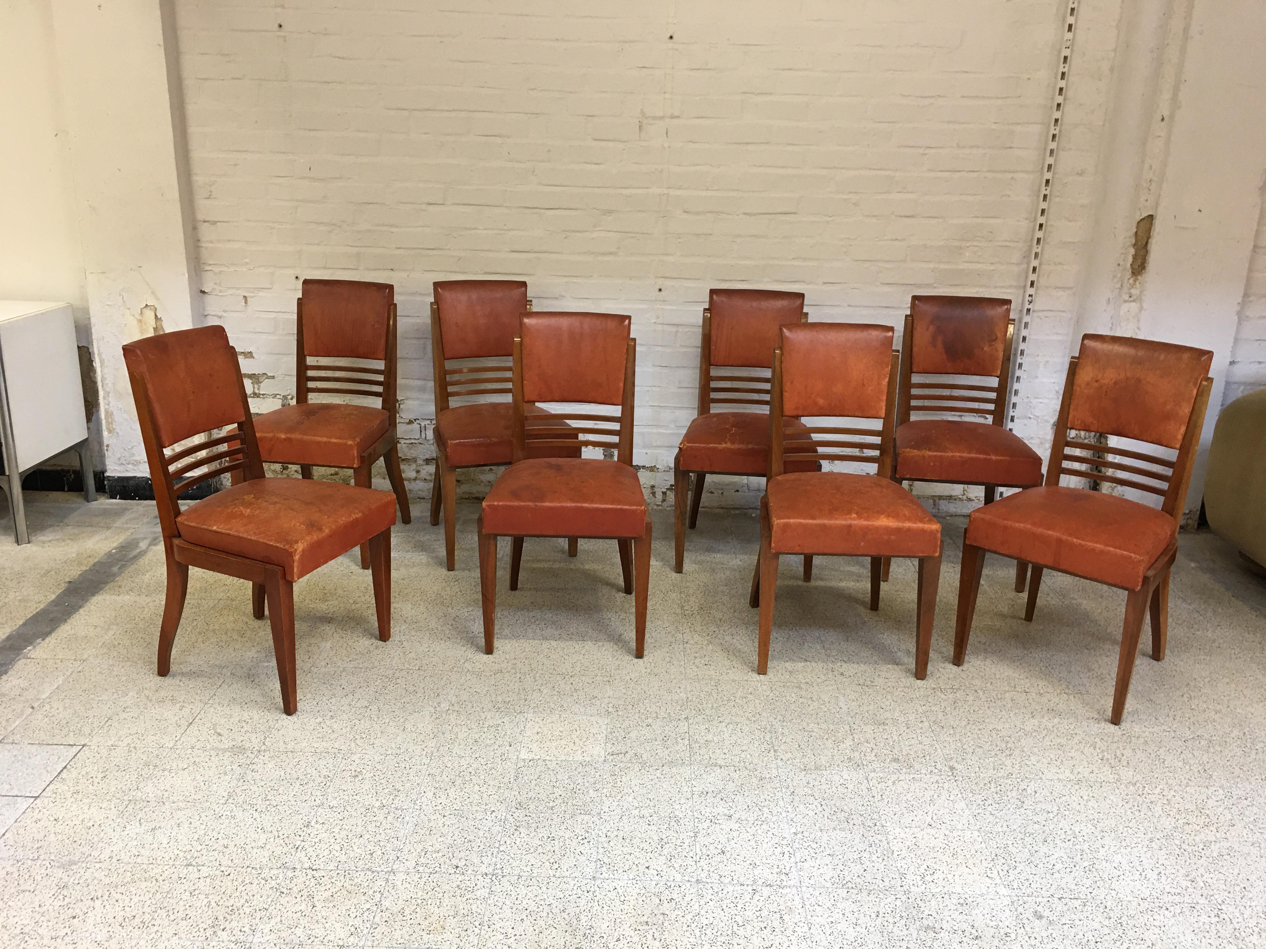 Rare Suite of 8 Art Deco Chairs and 2 walnut and Leather Armchairs i For Sale 11