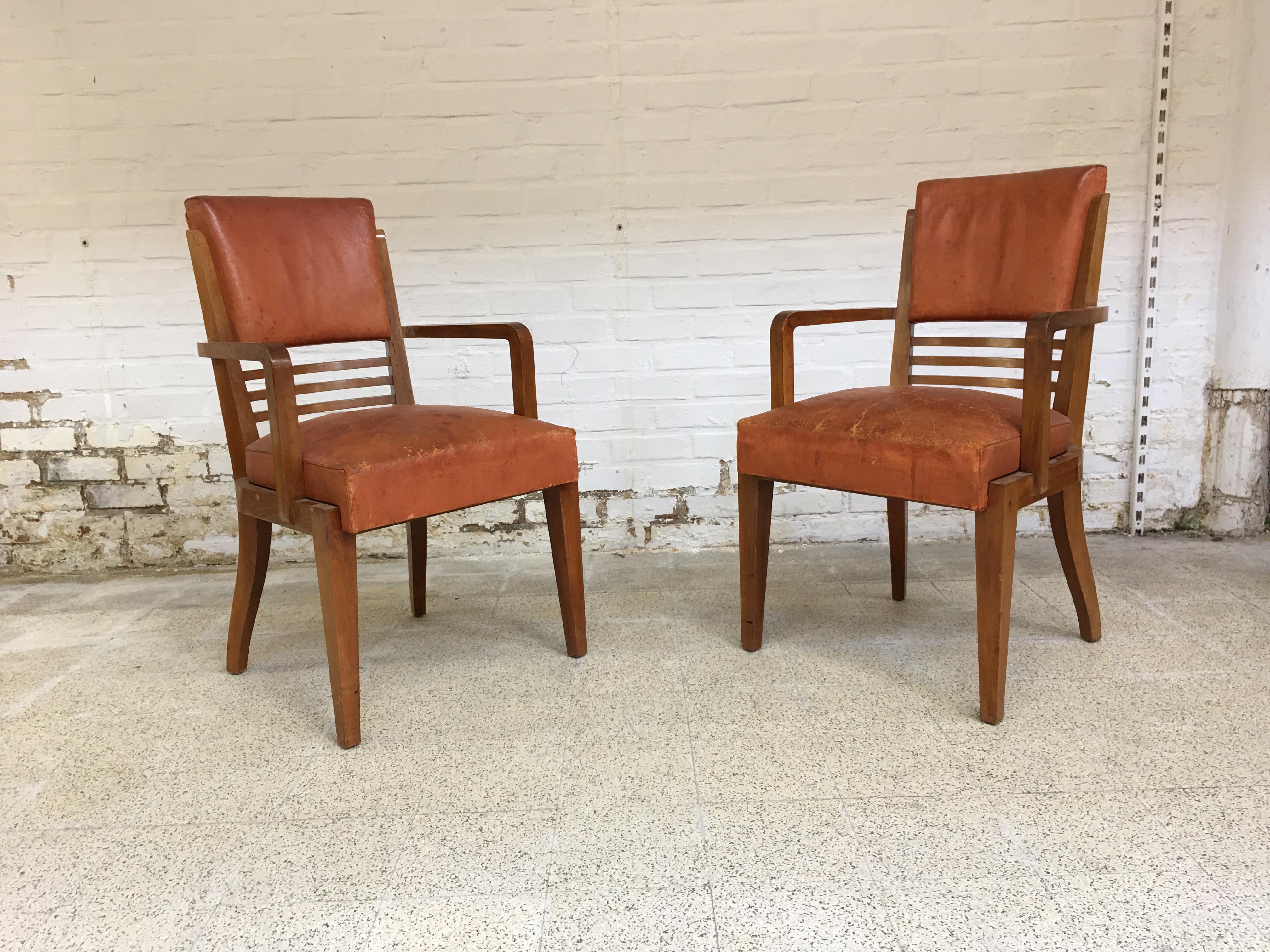 French Rare Suite of 8 Art Deco Chairs and 2 walnut and Leather Armchairs i For Sale