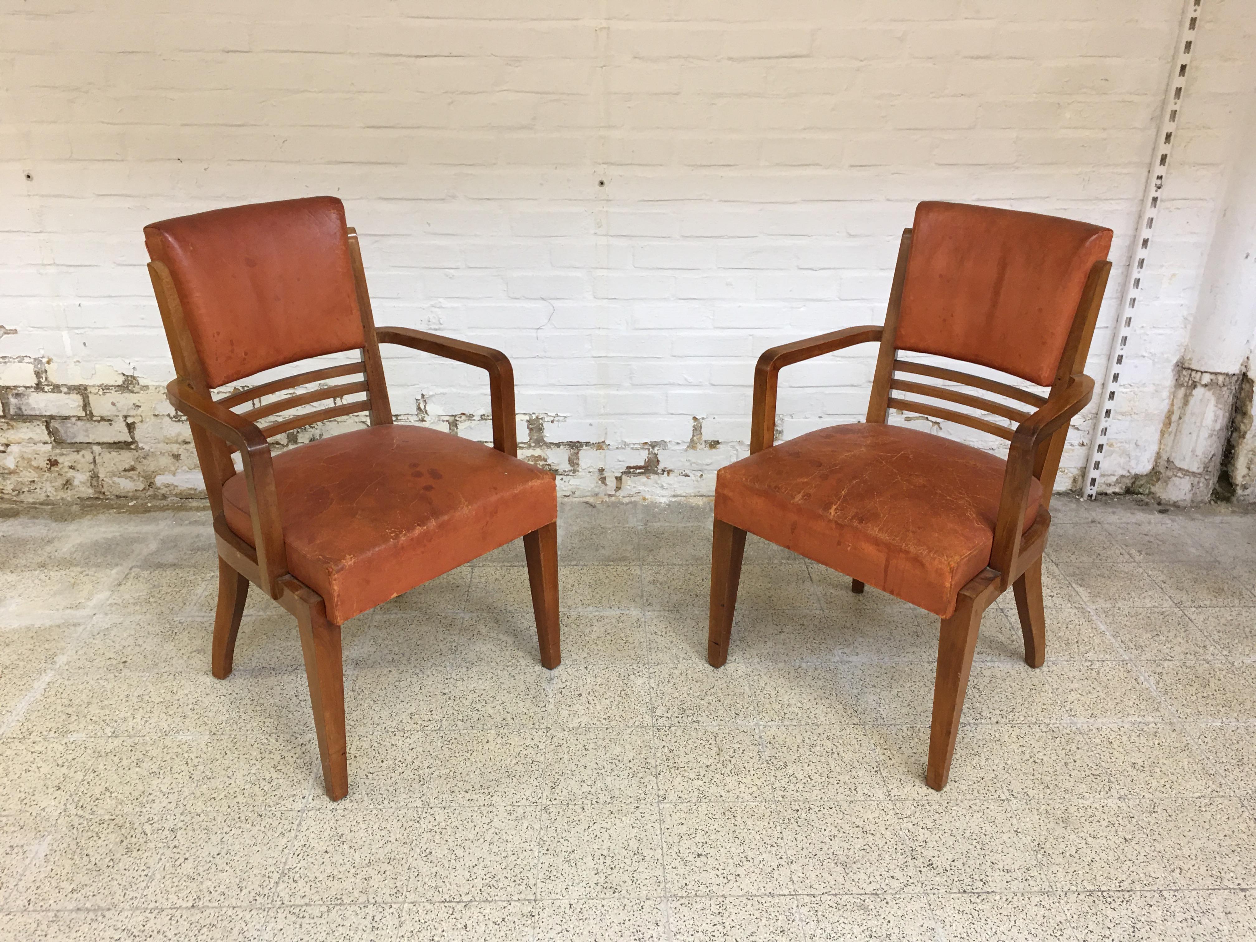 Mid-20th Century Rare Suite of 8 Art Deco Chairs and 2 walnut and Leather Armchairs i For Sale