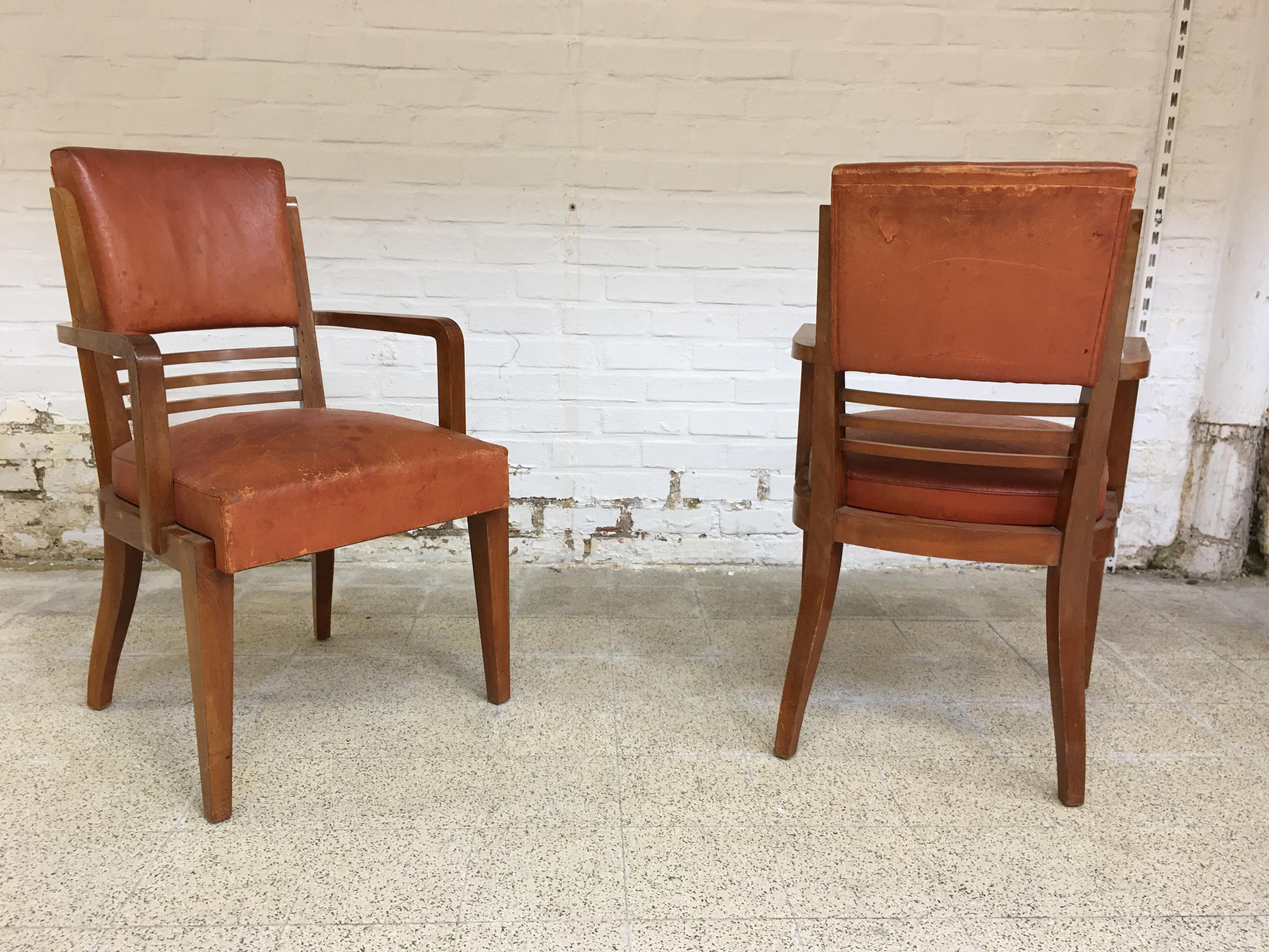Rare Suite of 8 Art Deco Chairs and 2 walnut and Leather Armchairs i For Sale 1